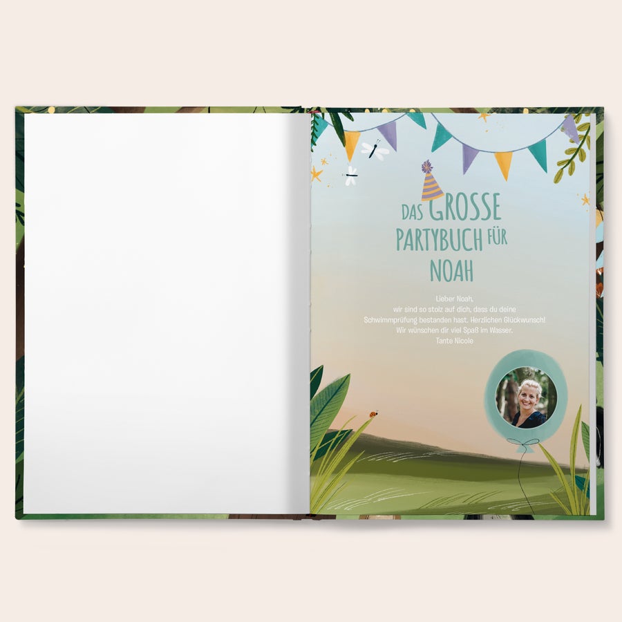 Buch Das Große Partybuch personalisieren Personalisiertes Buch - Das Große Partybuch - Hardcover, bedruckt mit dem Namen "Noah" und persönlicher Nachricht von "Tante Nicole" sowie einem Foto.