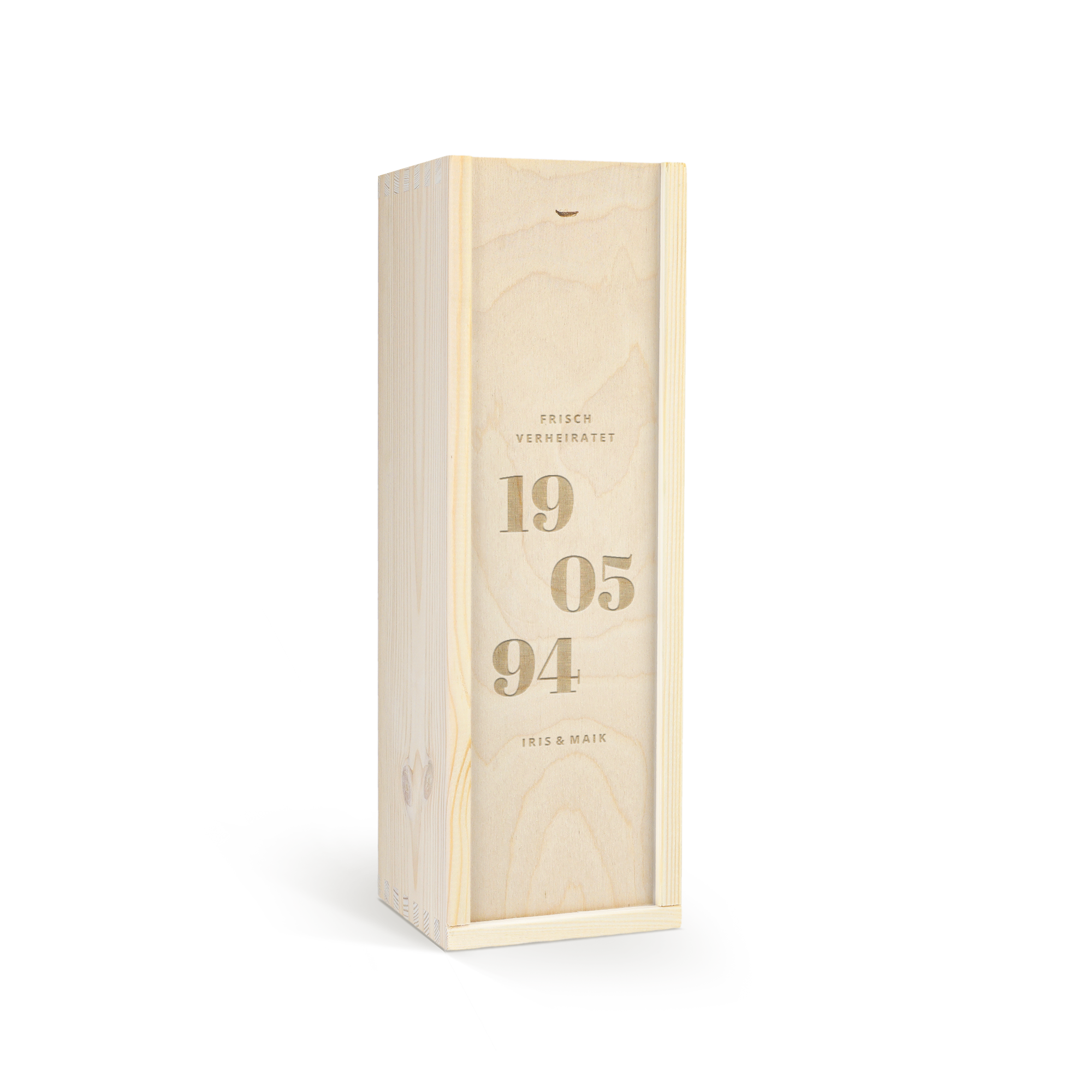 Edle Weinkiste aus hellem Holz, mit „Frisch Verheiratet 19 05 94 Iris & Maik“ graviert