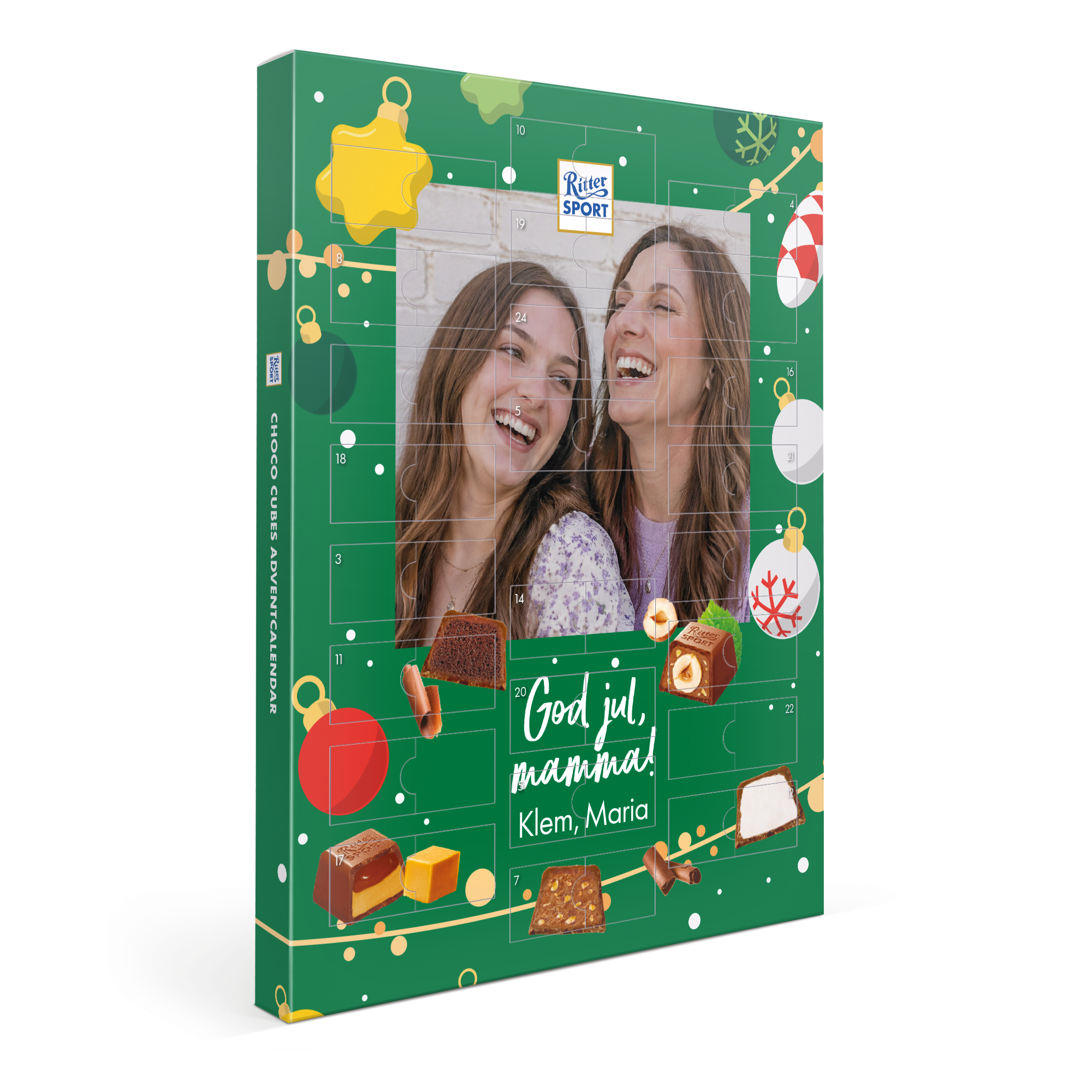 Personlig Ritter Sport Adventskalender - Merkedesign trykt med eget bilde og personlig julehilsen