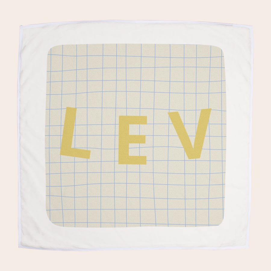 Copertina neonato personalizzata Coperta morbida per neonati personalizzata con nome "LEV" stampato su sfondo a quadretti blu