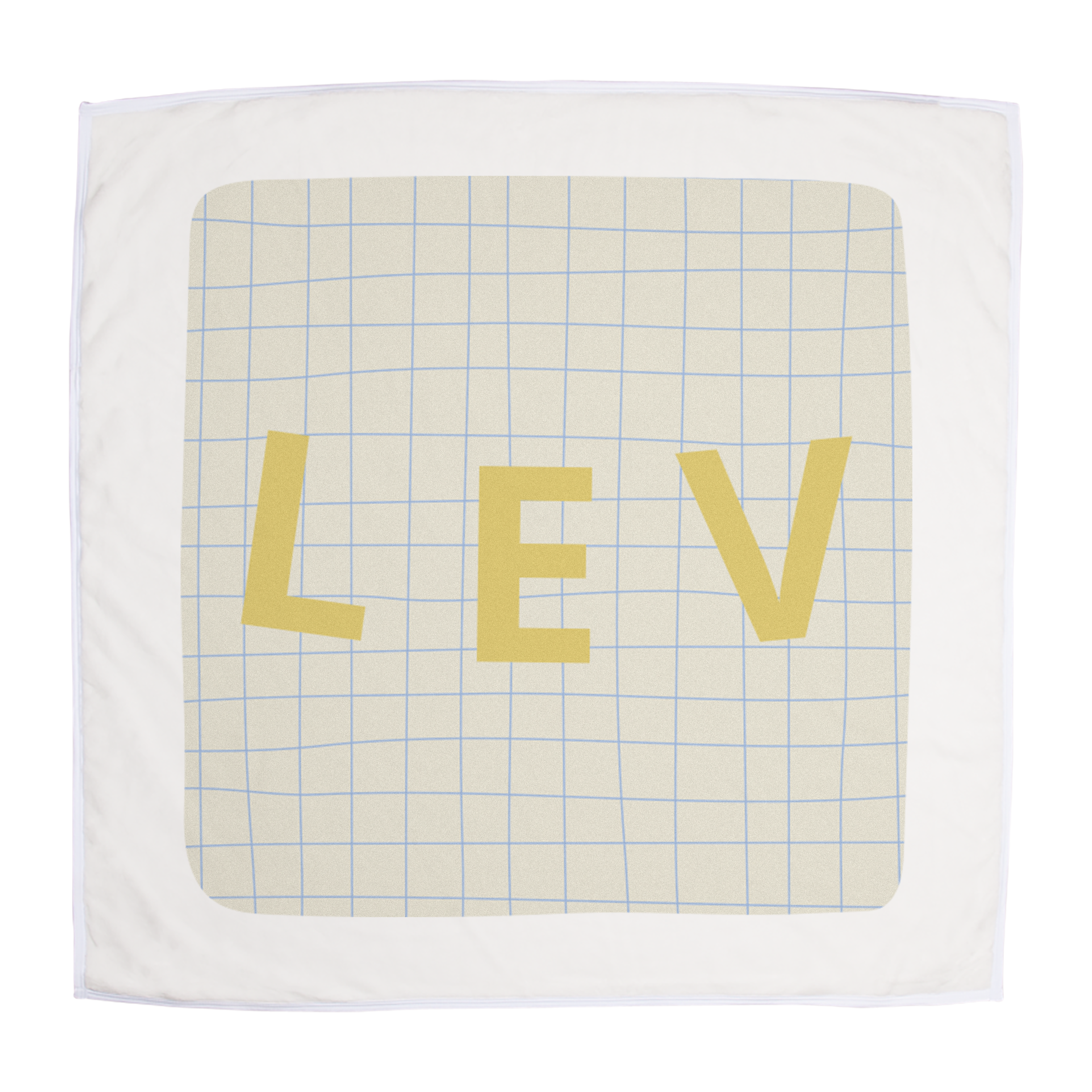 Couverture bébé personnalisée blanche avec motif à carreaux bleus imprimée du prénom LEV en jaune