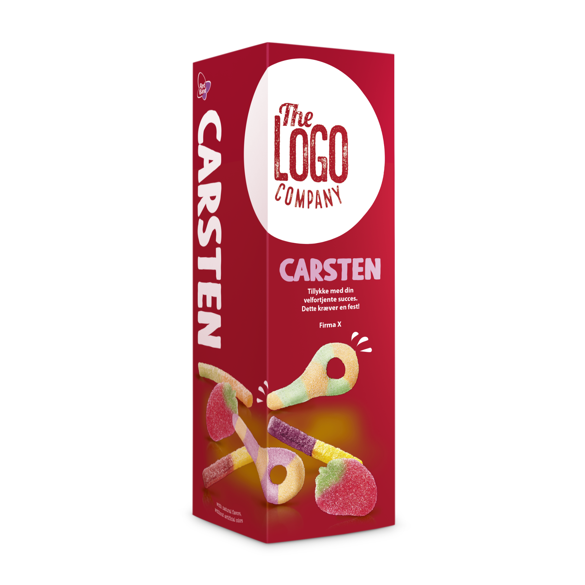 Rød personlig gaveæske med slik, trykt med navn "Carsten" og firma logo, samt teksten "Tillykke med din velfortjente succes. Dette kræver en fest!". Æsken indeholder Red Band vingummier.