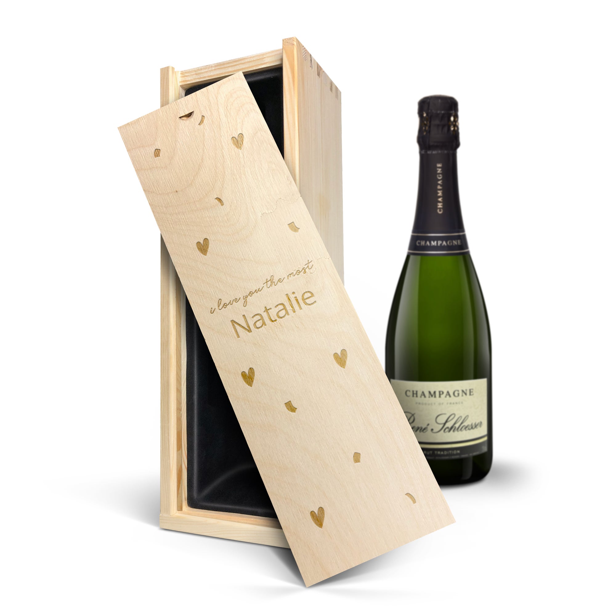 Personalised champagne gift - Rene Schloesser (750ml) - Engraved wooden case