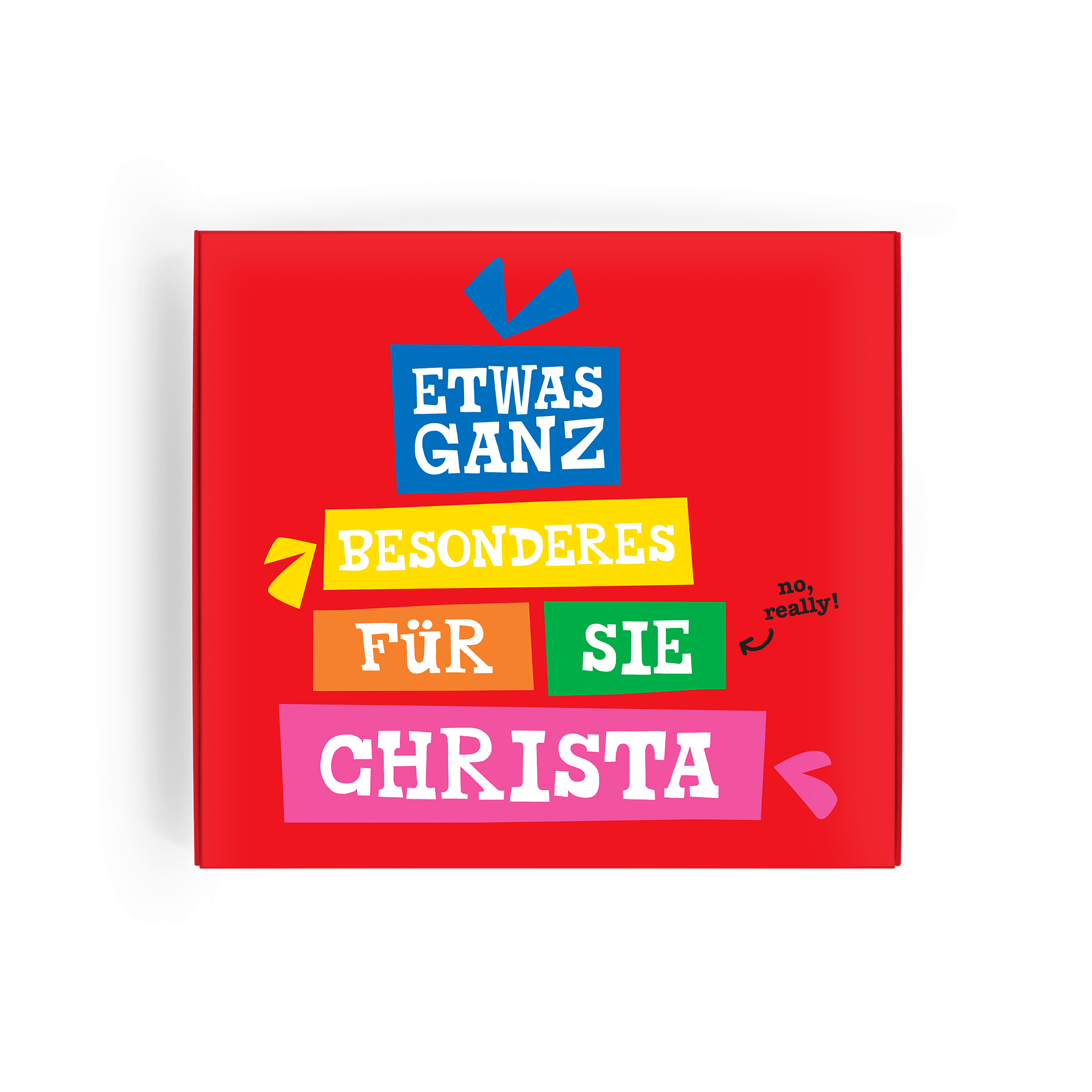 Tony's Chocolonely Haselnuss Geschenkbox, bedruckt mit "ETWAS GANZ BESONDERES FÜR SIE CHRISTA", um deine Lieben zu überraschen.