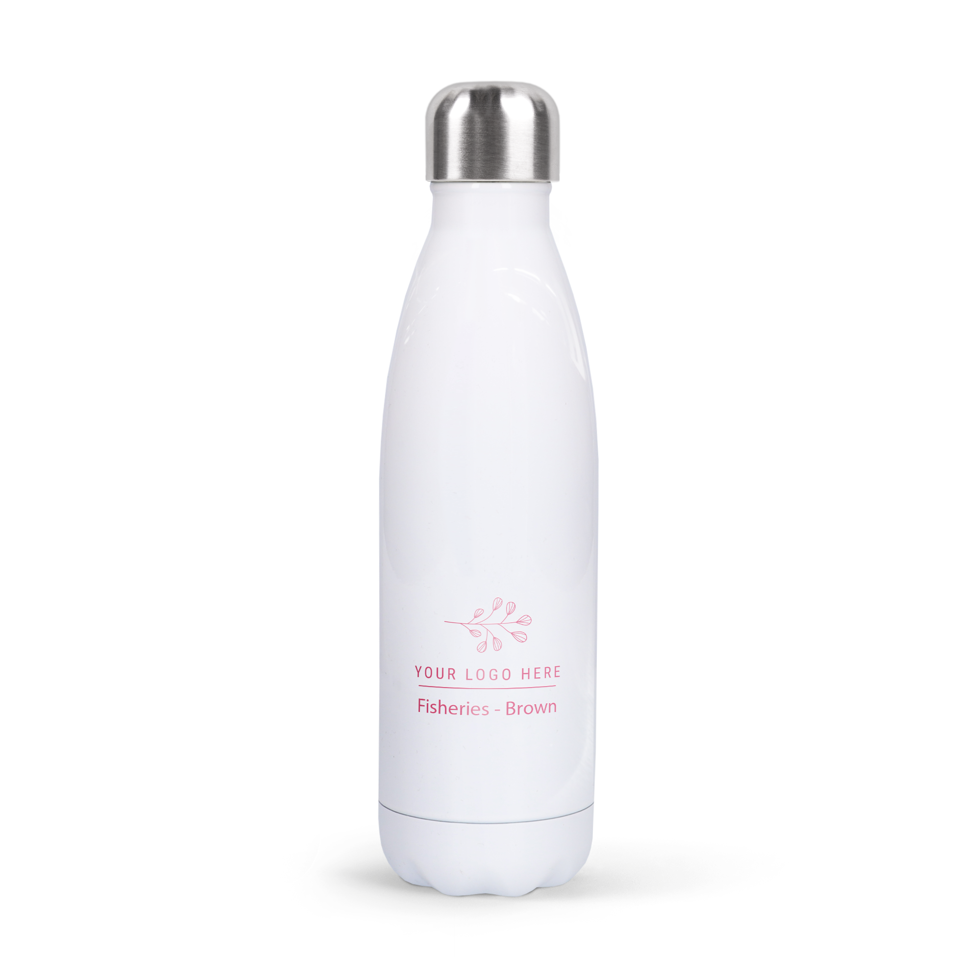 Botella de agua personalizada blanca de aluminio con tapa metálica, impresa con un logo y texto "Fisheries - Brown" como regalo.