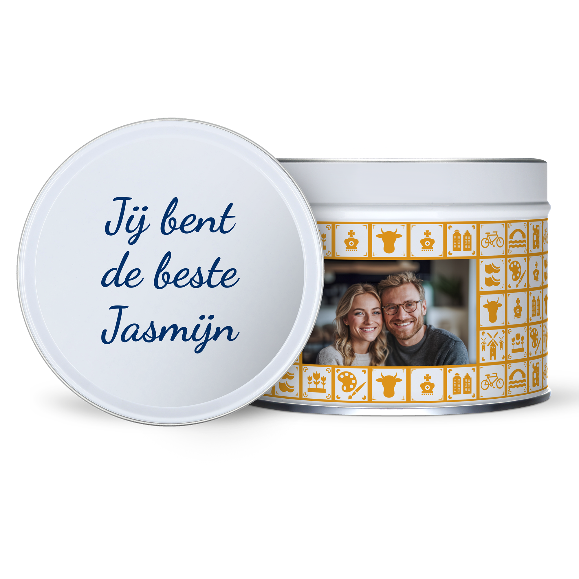 Stroopwafels in gepersonaliseerd blik - Rond met eigen foto, tekst Jij bent de beste Jasmijn en Hollandse tegelprint