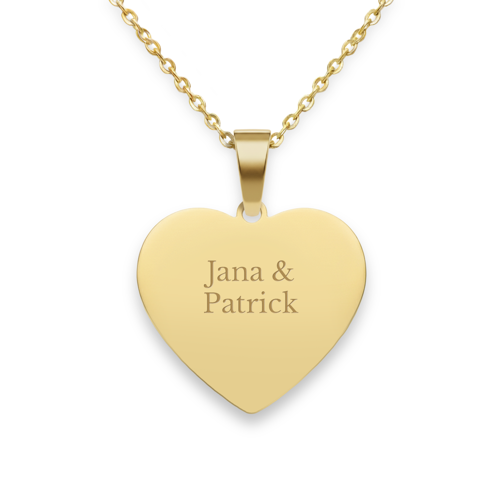 Goldene Herz-Halskette mit Namen "Jana & Patrick" eingraviert, personalisierbares Geschenk.