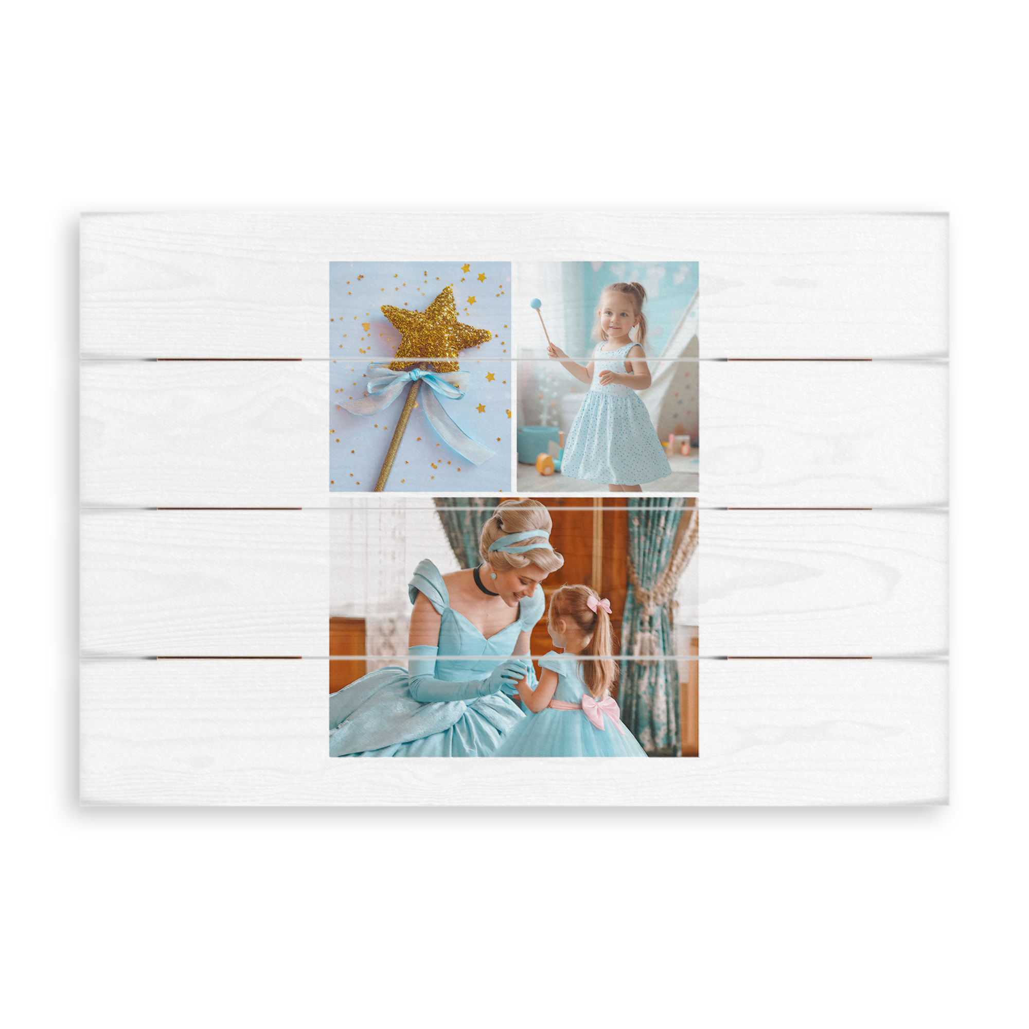 Dein Foto auf Holz, mit drei Bildern von einem Zauberstab, einem Mädchen und Cinderella mit einem Mädchen