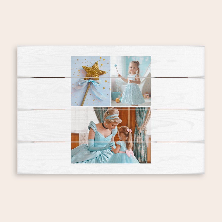 Photo on wood Three photos printed on wooden planks depicting a fairy tale wand and a girl meeting a princess