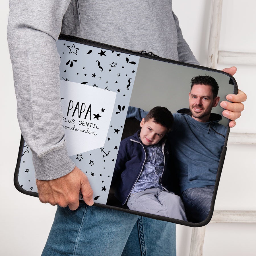 Housse ordinateur personnalisée avec photo imprimée dun père et son fils et texte Papa