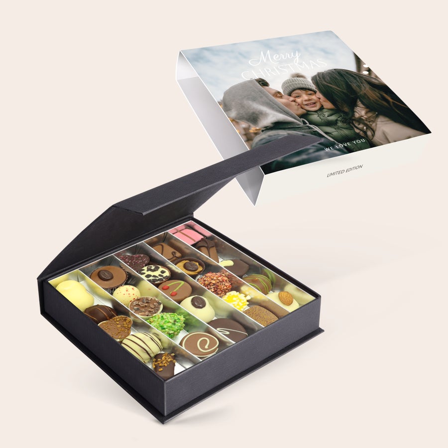 Caja de bombones de lujo - Navidad Caja negra de bombones navideños personalizados con foto de familia impresa y texto Feliz Navidad