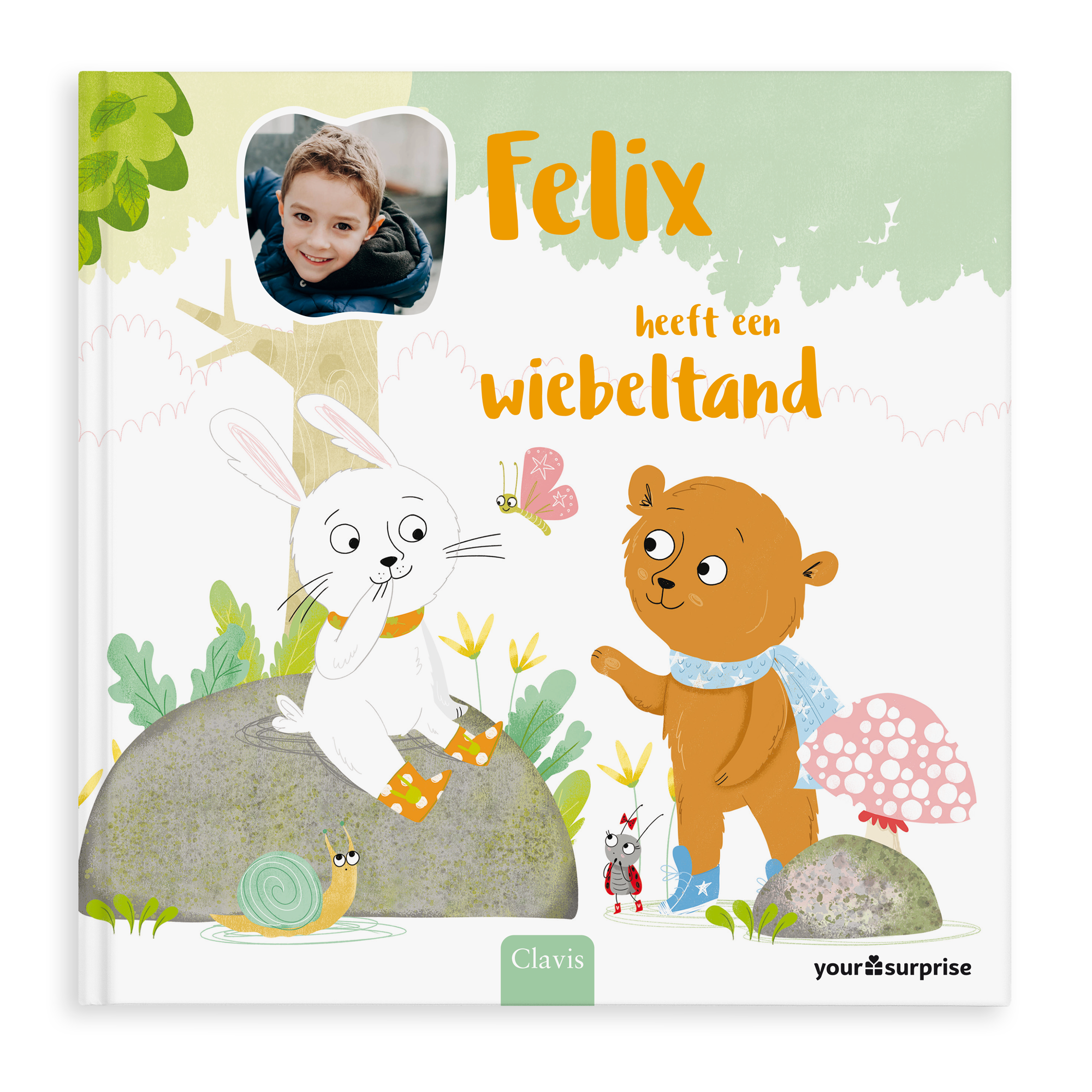 Gepersonaliseerd prentenboek ‘Felix heeft een wiebeltand’ voor kinderen, met foto en naam Felix op de voorkant gedrukt.
