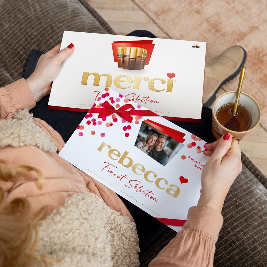 Scatola regalo e biglietto d'auguri personalizzati al cioccolato Merci Merci cioccolato con bigliettino personalizzato - 400 grammi con nome Rebecca e foto stampata