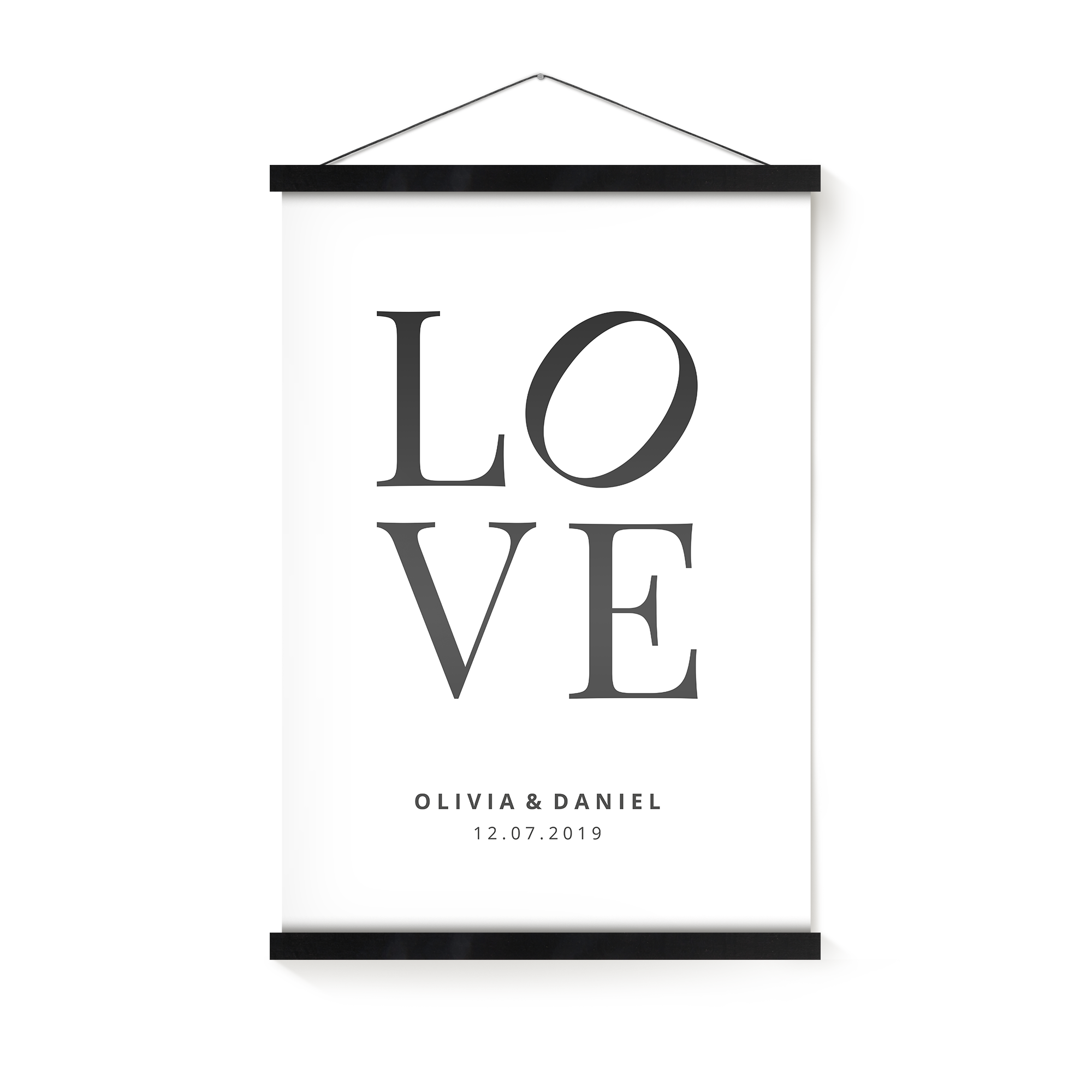 Custom magnetic poster hanger with a white printed poster that spells LOVE and includes names Olivia & Daniel with the date 12.07.2019