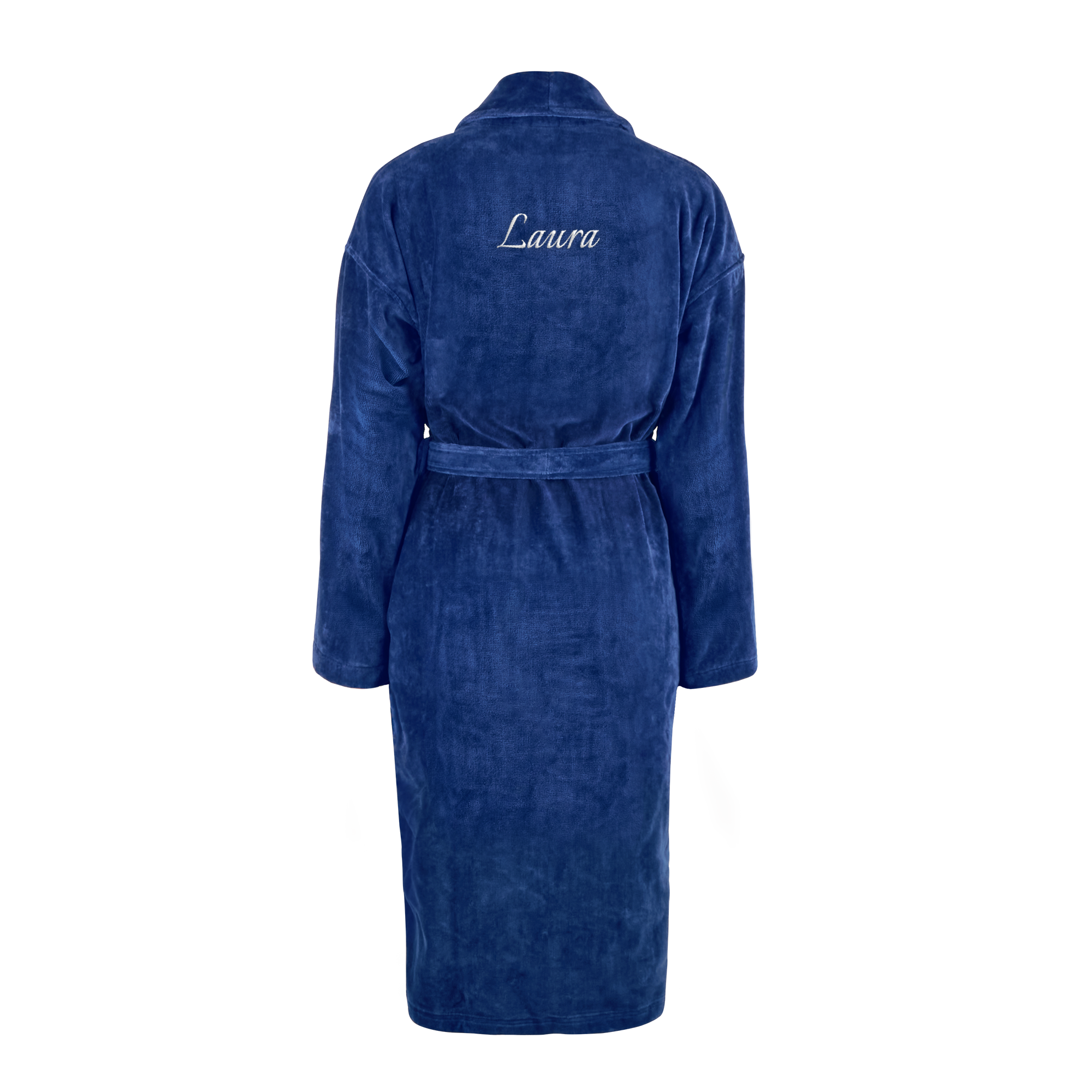 Blue luxurious personalized bathrobe with the name Laura embroidered on the back