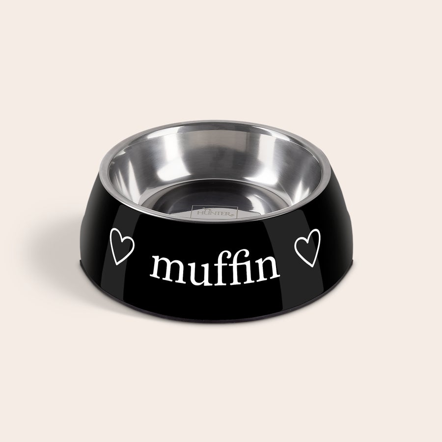 Castron pentru hrănirea câinilor Bol personal de hrănire negru pentru câini, cu o inimă și numele Muffin gravat
