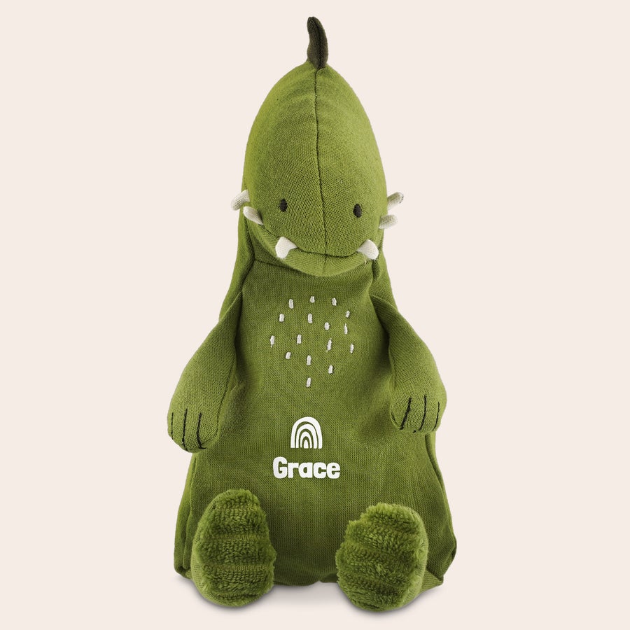 Personalizirana plišasta igrača - Trixie Zelena dinozaver ljubka igrača z imenom Grace in mavrico, natisnjena za presenetite malčke.