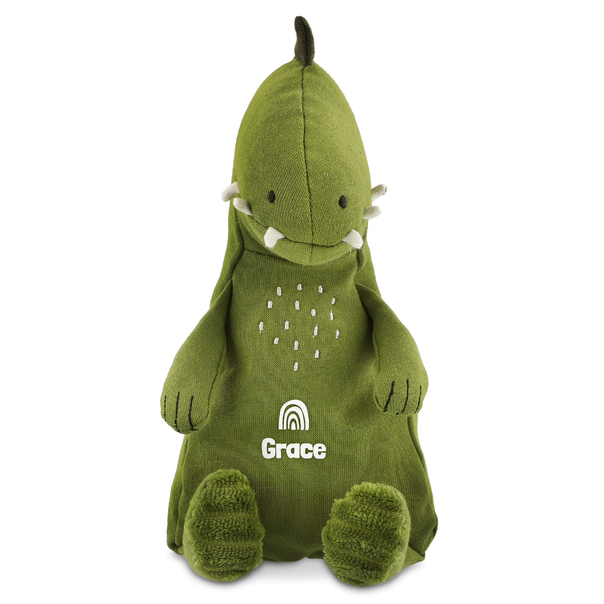 Zelena dinozaver ljubka igrača z imenom Grace in mavrico, natisnjena za presenetite malčke.