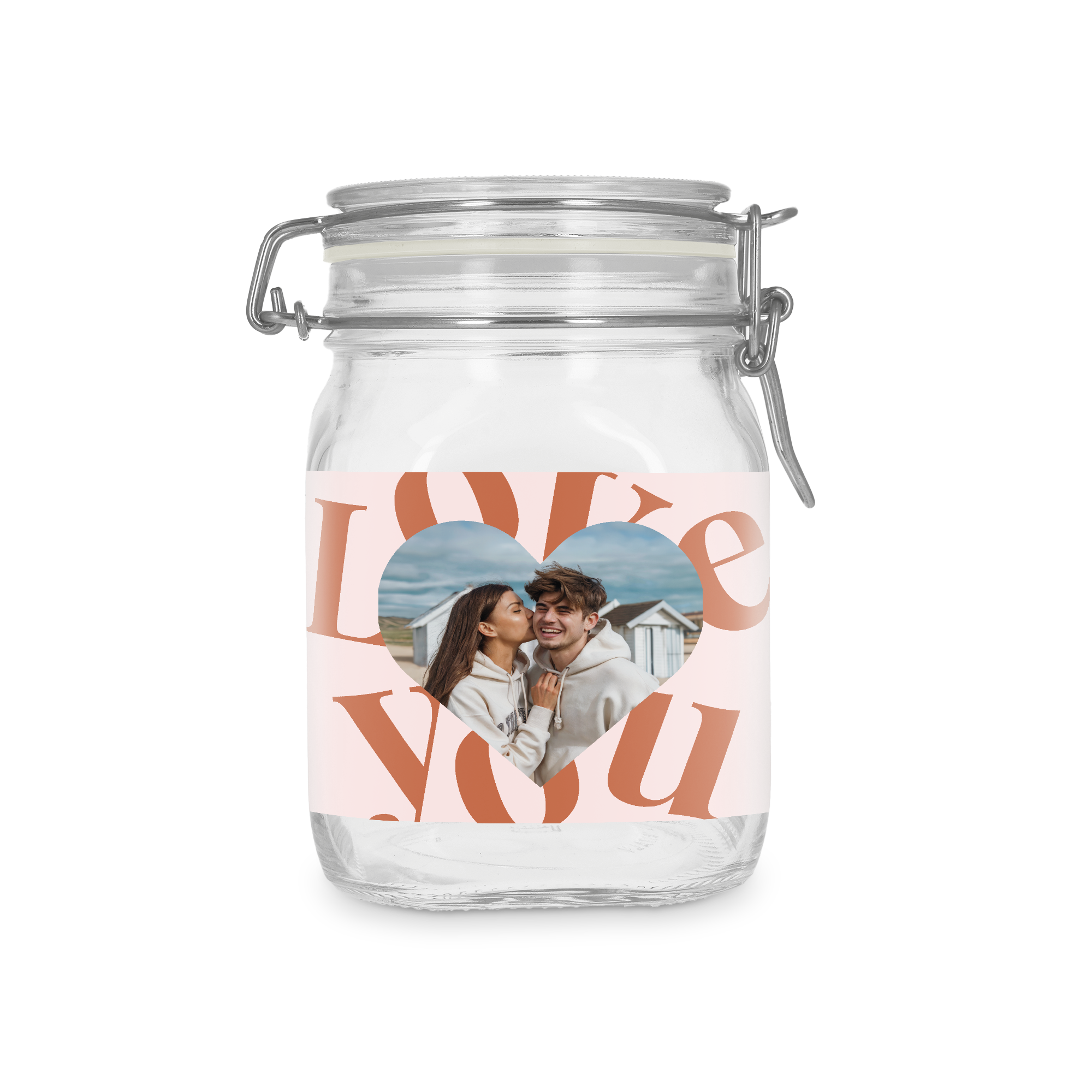 Glasgefäß mit Deckel 1L, personalisiert mit einem Foto eines Paares im Herzen und dem Text "Love You" auf rosa Aufkleber.