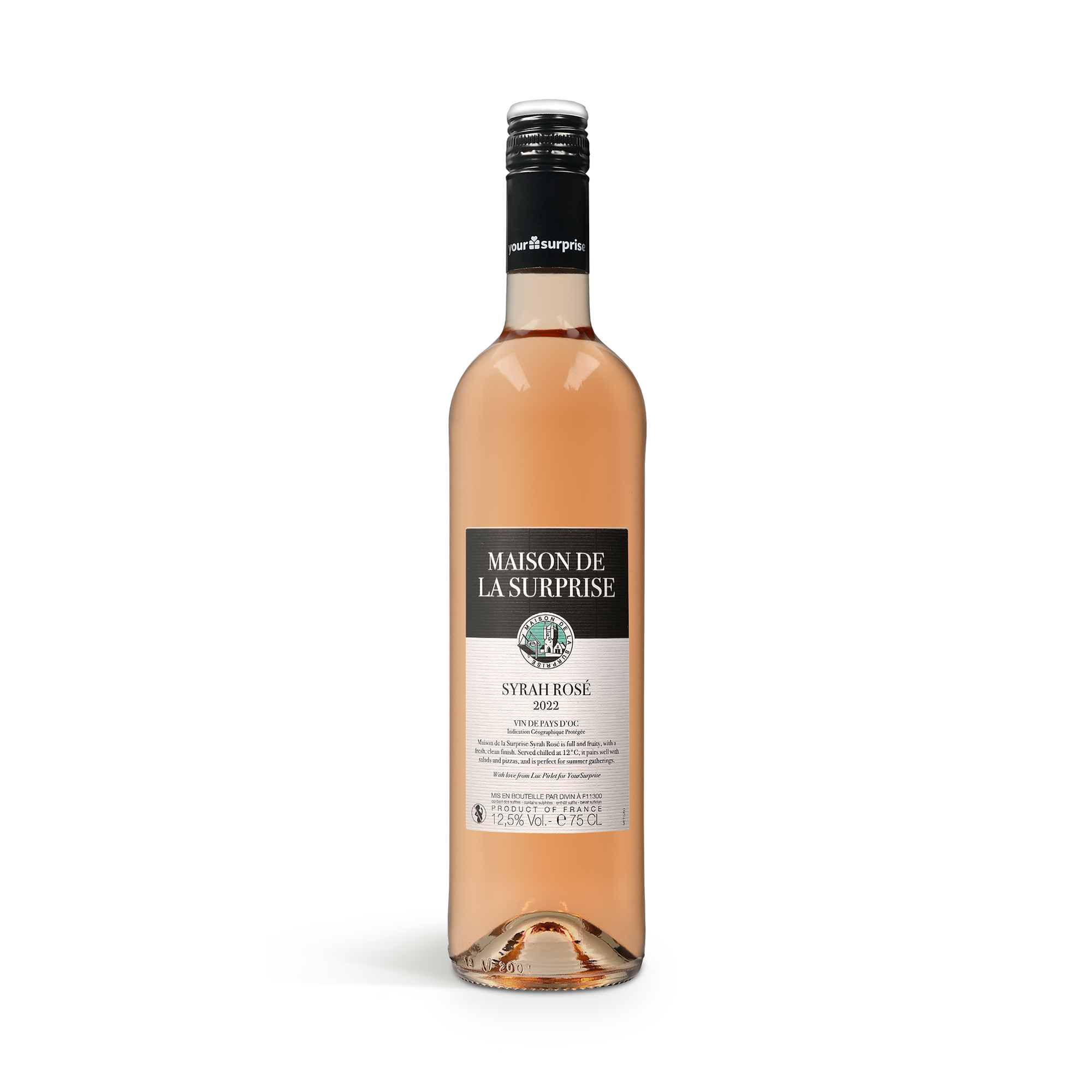 Botella de vino rosado Syrah Rosé con etiqueta "Maison de la Surprise" y "2022", perfecto como regalo personalizado.