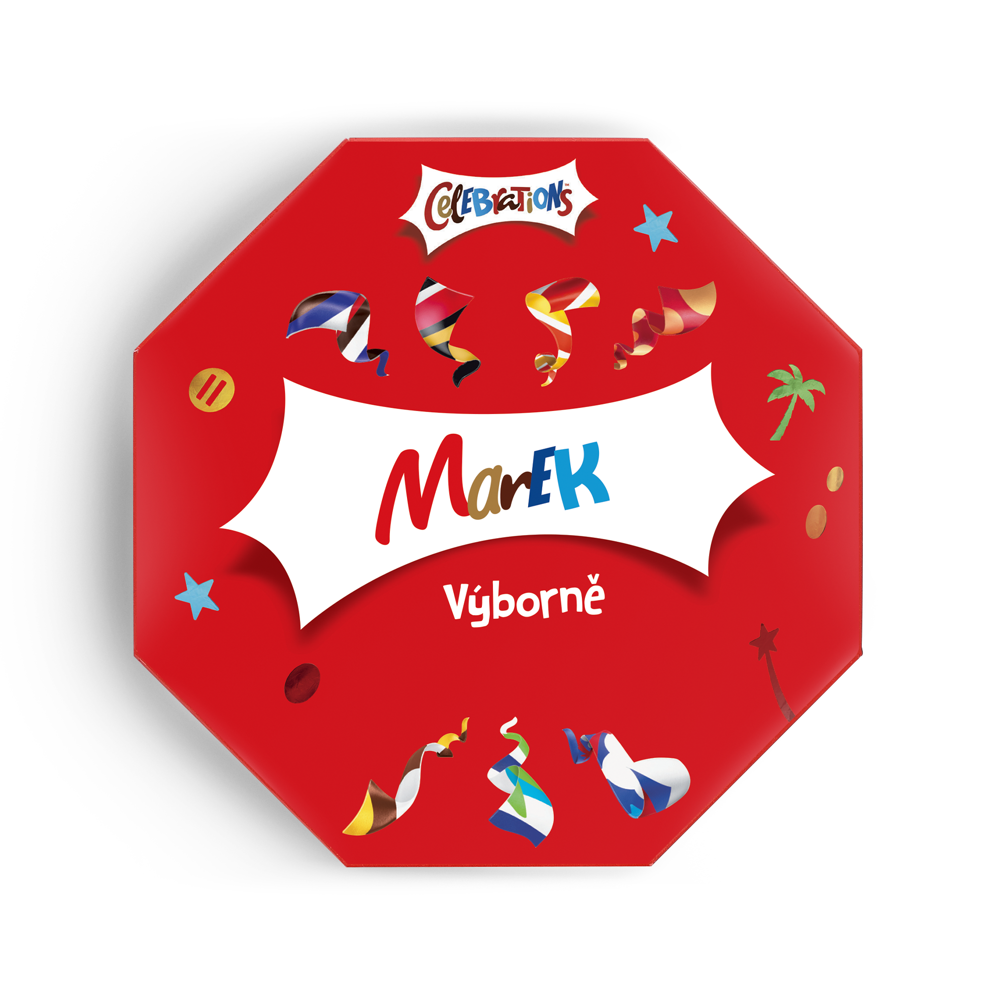 Personalizovaná krabička Celebrations s natištěným jménem Marek a textem Výborně, červené víko s konfetami