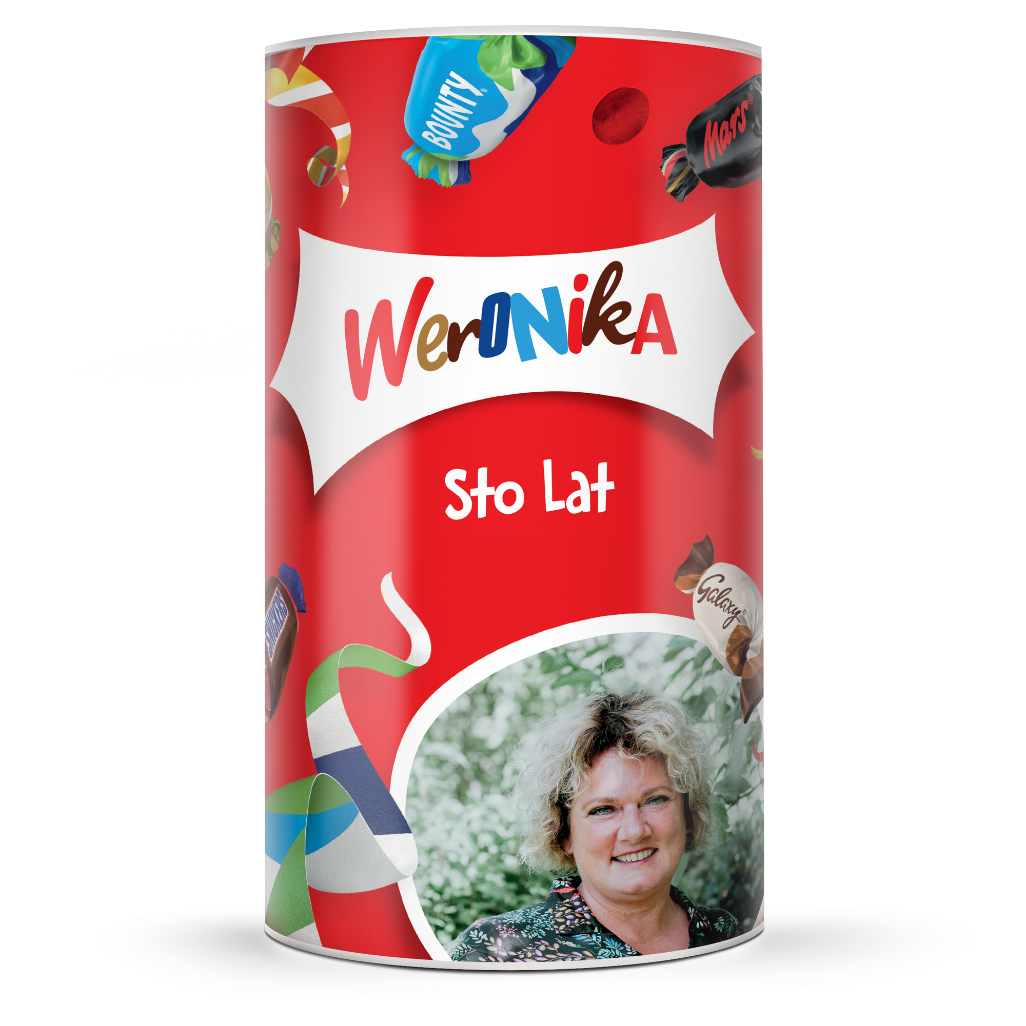 Czerwona tuba okolicznościowa z nadrukiem imienia Weronika, życzeń Sto Lat i spersonalizowanym zdjęciem.
