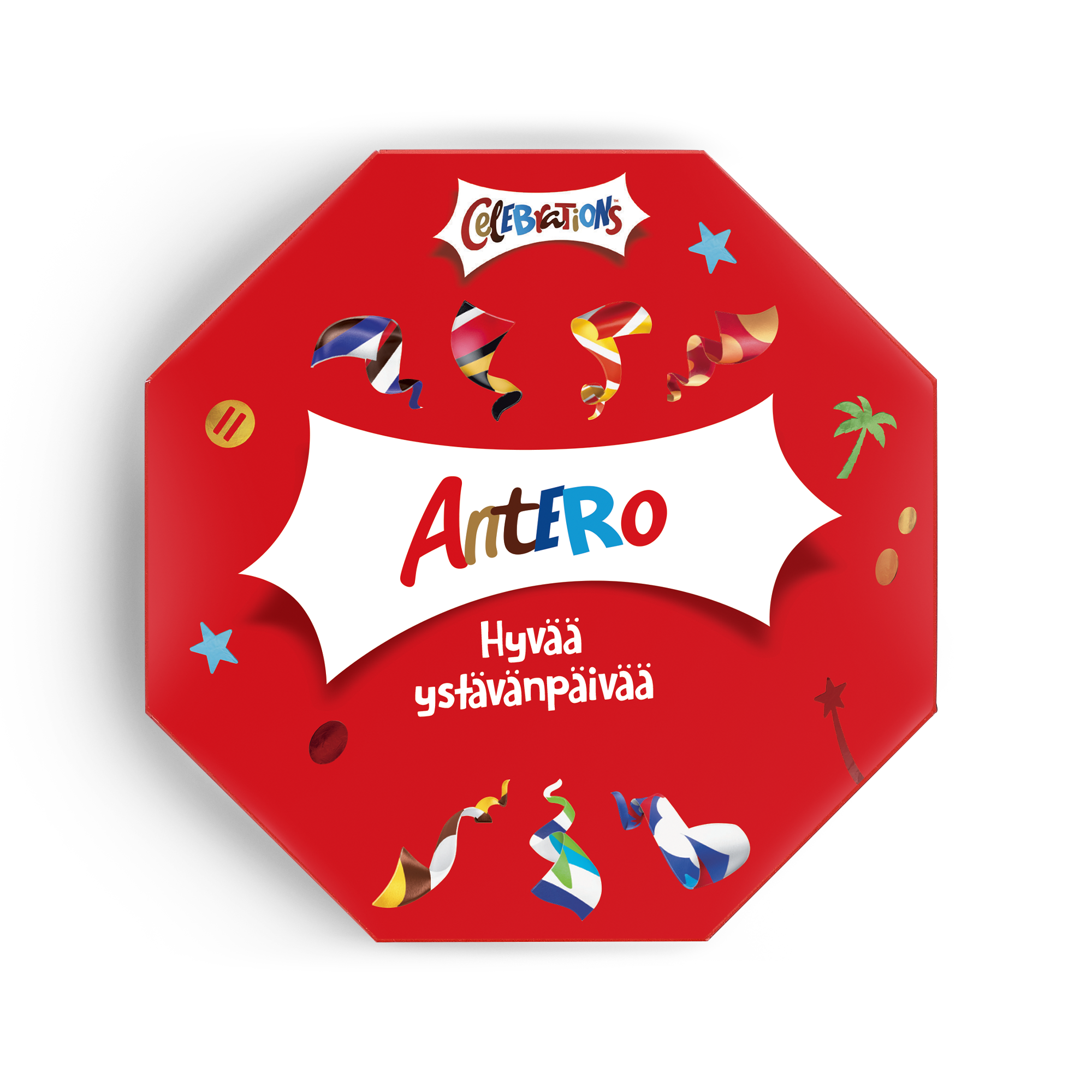 Yksilöity Juhlalaatikkopatukka punaisella kääreellä, jossa nimi Antero ja Hyvää ystävänpäivää teksti painettuna.