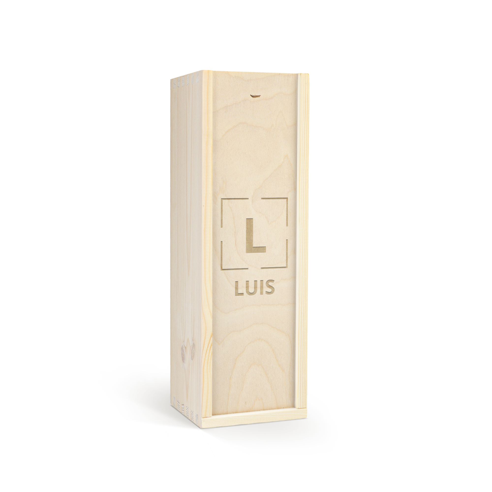 Bouteille de Cava dans un coffret en bois personnalisé avec la lettre L et le prénom Luis gravés