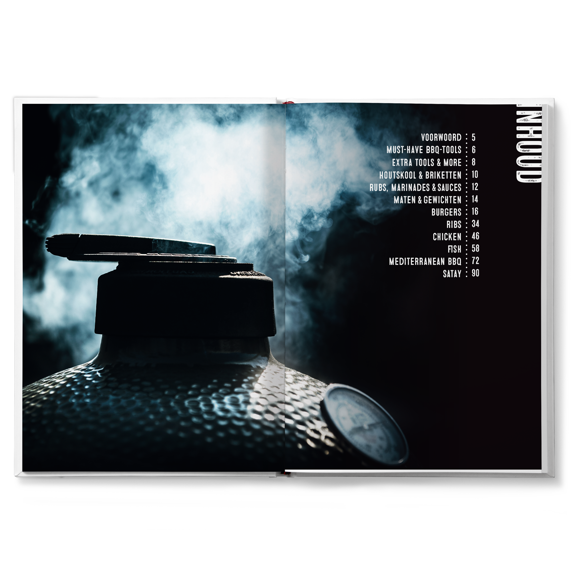 Open gepersonaliseerd BBQ kookboek met inhoudsopgave en barbecue met rook die koning of koningin wordt.