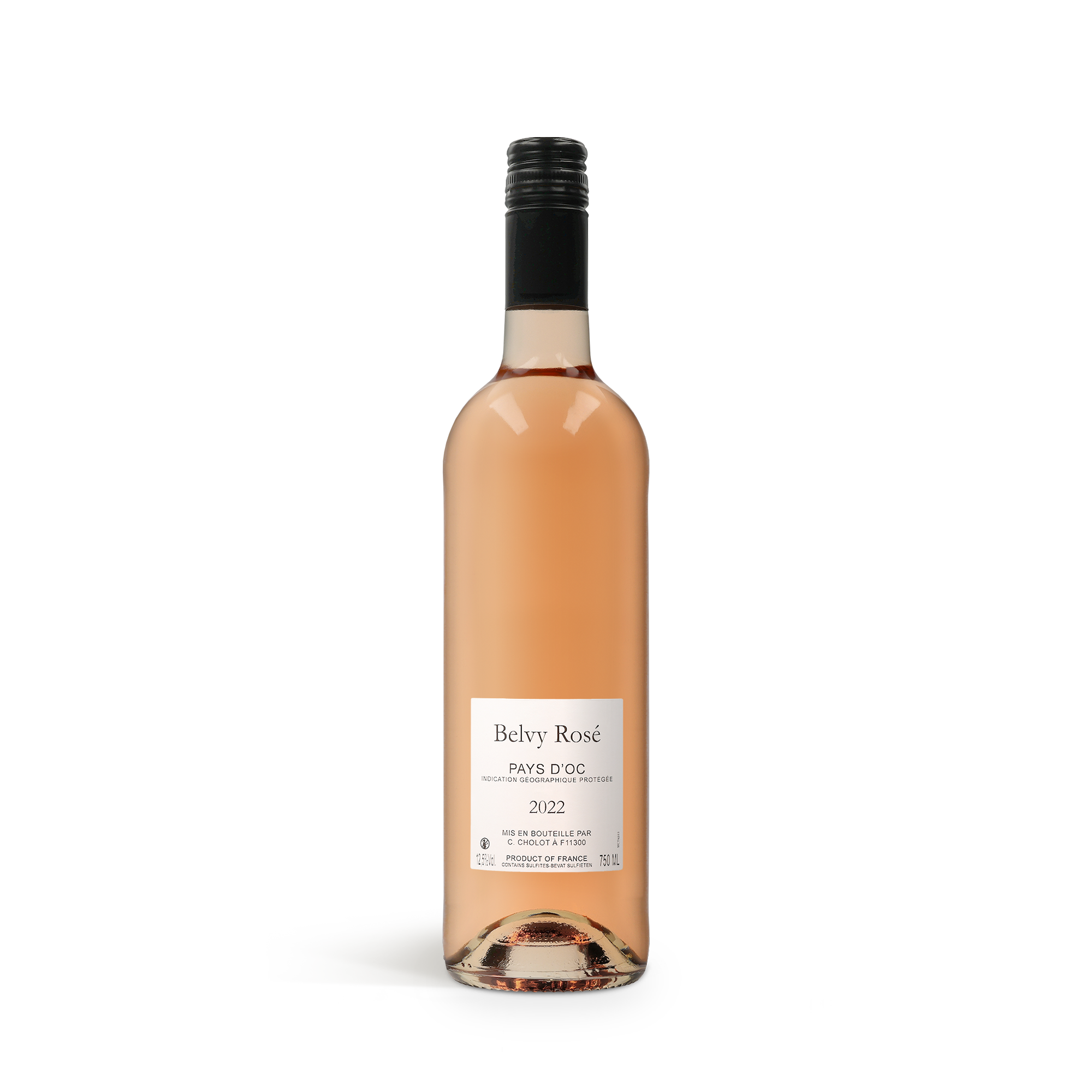 En flaske Belvy rosévin med et printet etiketdesign, der kan personaliseres med navn eller billede