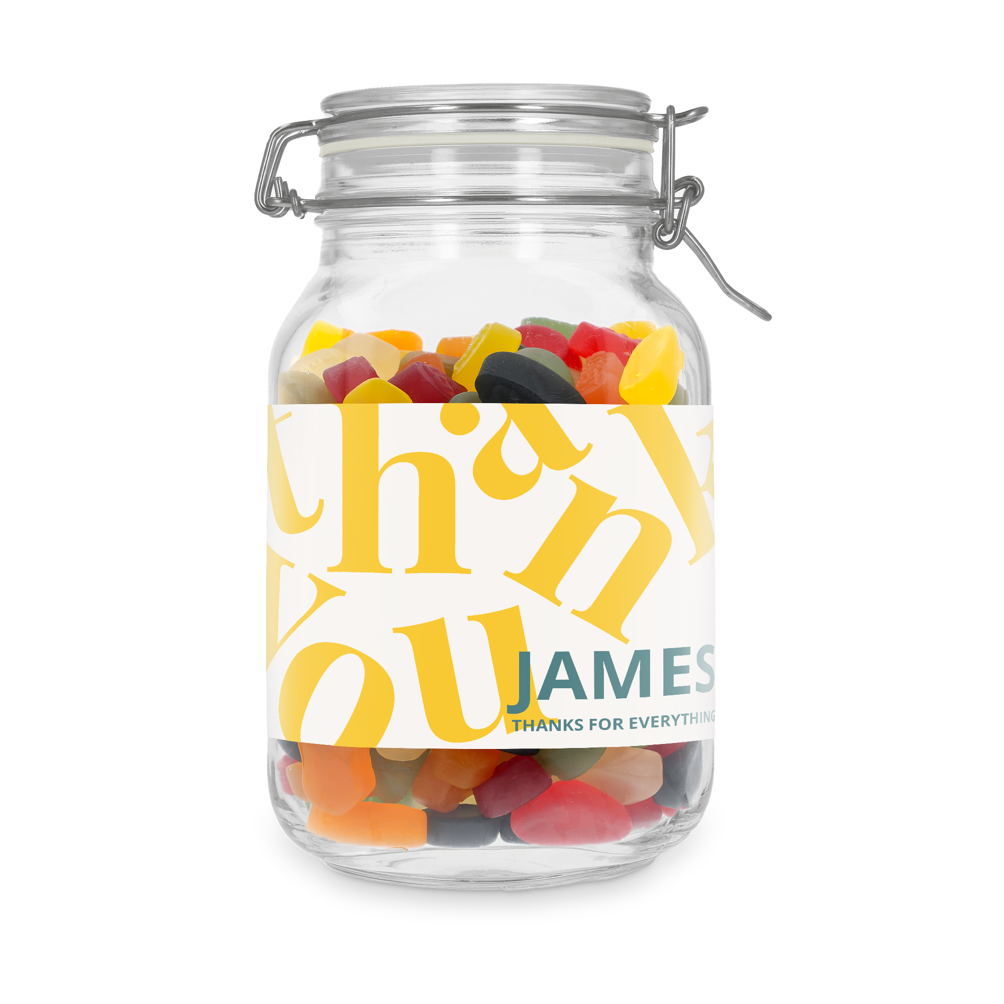 Personalizovaná sladká sklenice s vinnými žvýkačkami, potištěná s nápisem Thank You James