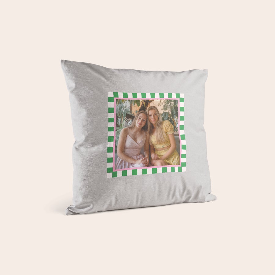 Almofadas impressas personalizadas Fronha personalizada branca com foto de duas mulheres e moldura verde e rosa