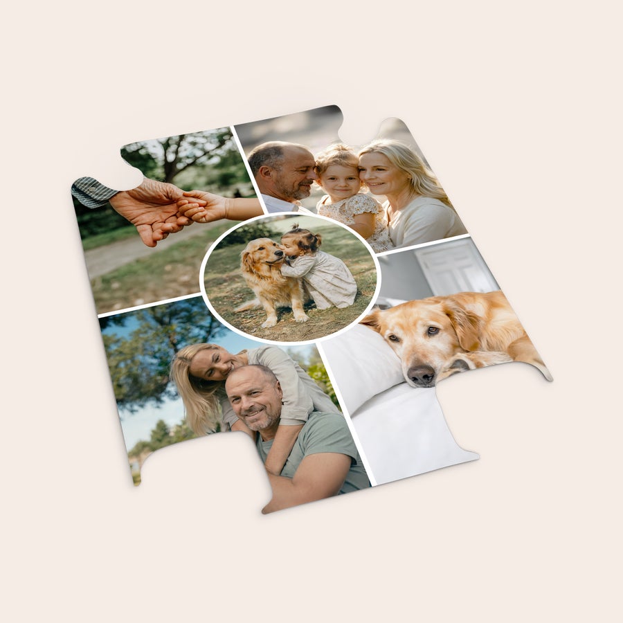 Foto koffert - Byttbar front Personlig fotokoffert med utskiftbart frontinnlegg trykt med fem familiebilder og en hund.