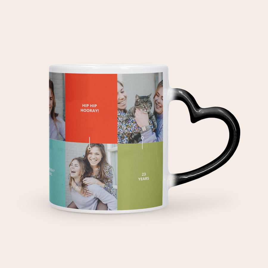 Taza personalizada - Taza mágica Taza mágica personalizada con asa de corazón, impresa con fotos y textos en varios cuadros de colores.