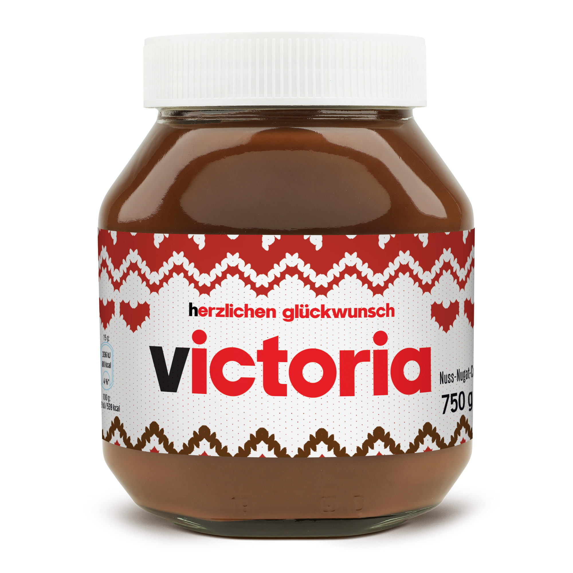 nutella Glas 750 Gramm personalisieren Winter Etikett mit Name Victoria "herzlichen Glückwunsch" und Wintermuster