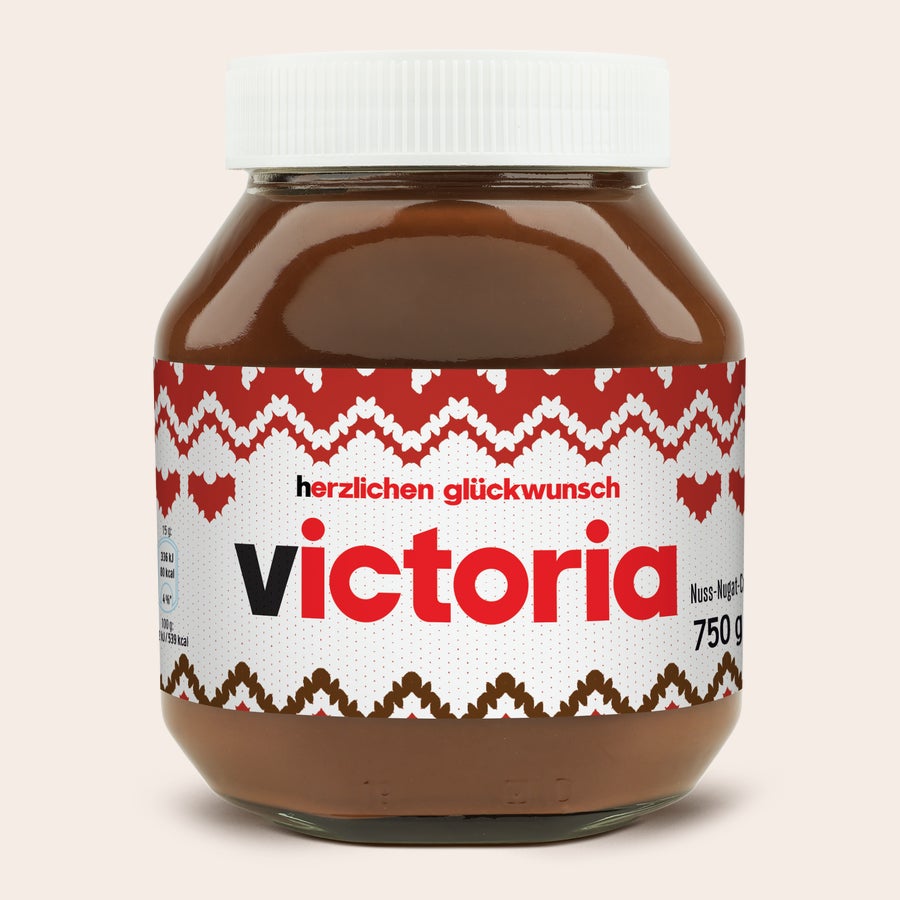 Personalisiertes nutella®-Glas nutella Glas 750 Gramm personalisieren Winter Etikett mit Name Victoria "herzlichen Glückwunsch" und Wintermuster