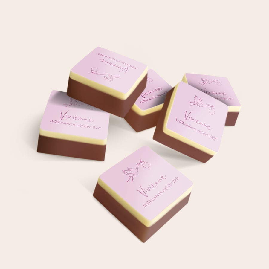 Pralinen mit Foto Milchpralinen mit deinem Foto als Tortenansicht bedruckt. Tolles Schokolade Geschenk mit Name Vivienne und Willkommen auf der Welt-Text.
