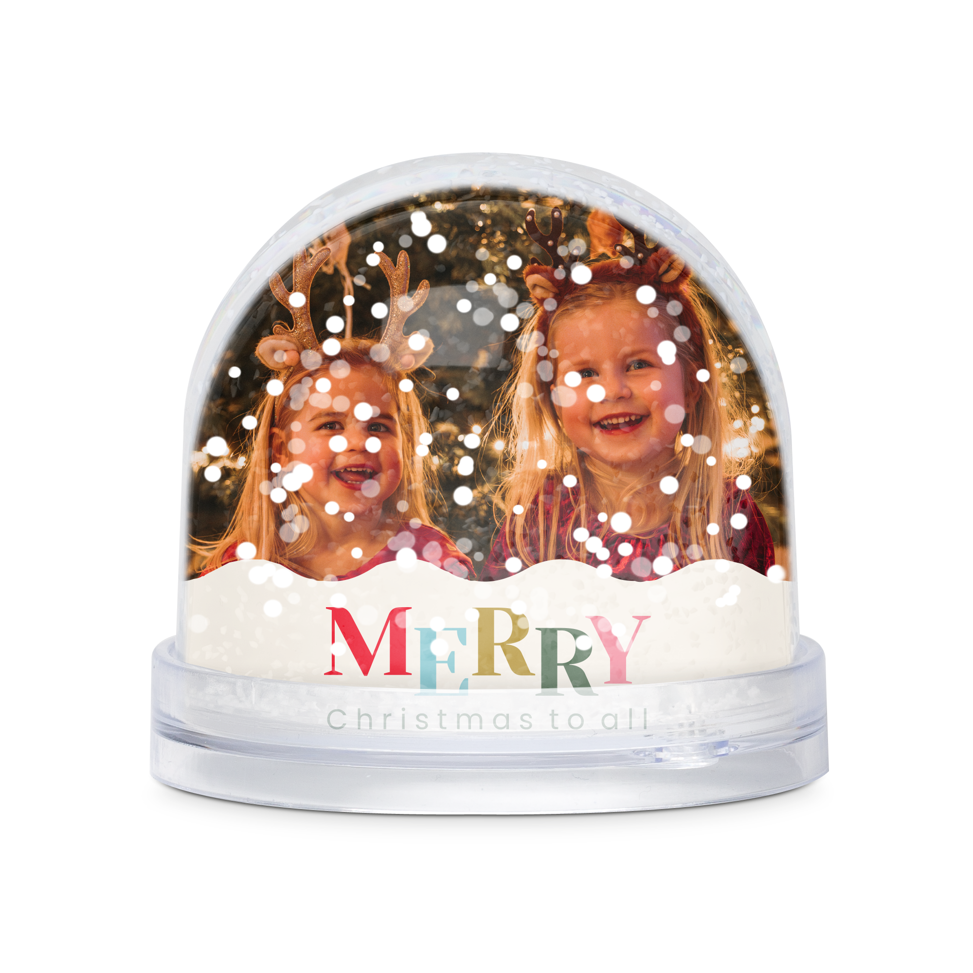 Globo de neve personalizado com foto impressa de duas crianças e texto colorido Merry Christmas to All