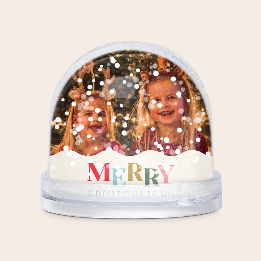 Snežna krogla Snežni globus s snegom, natisnjen s fotografijo dveh deklic in besedilom Merry Christmas to all