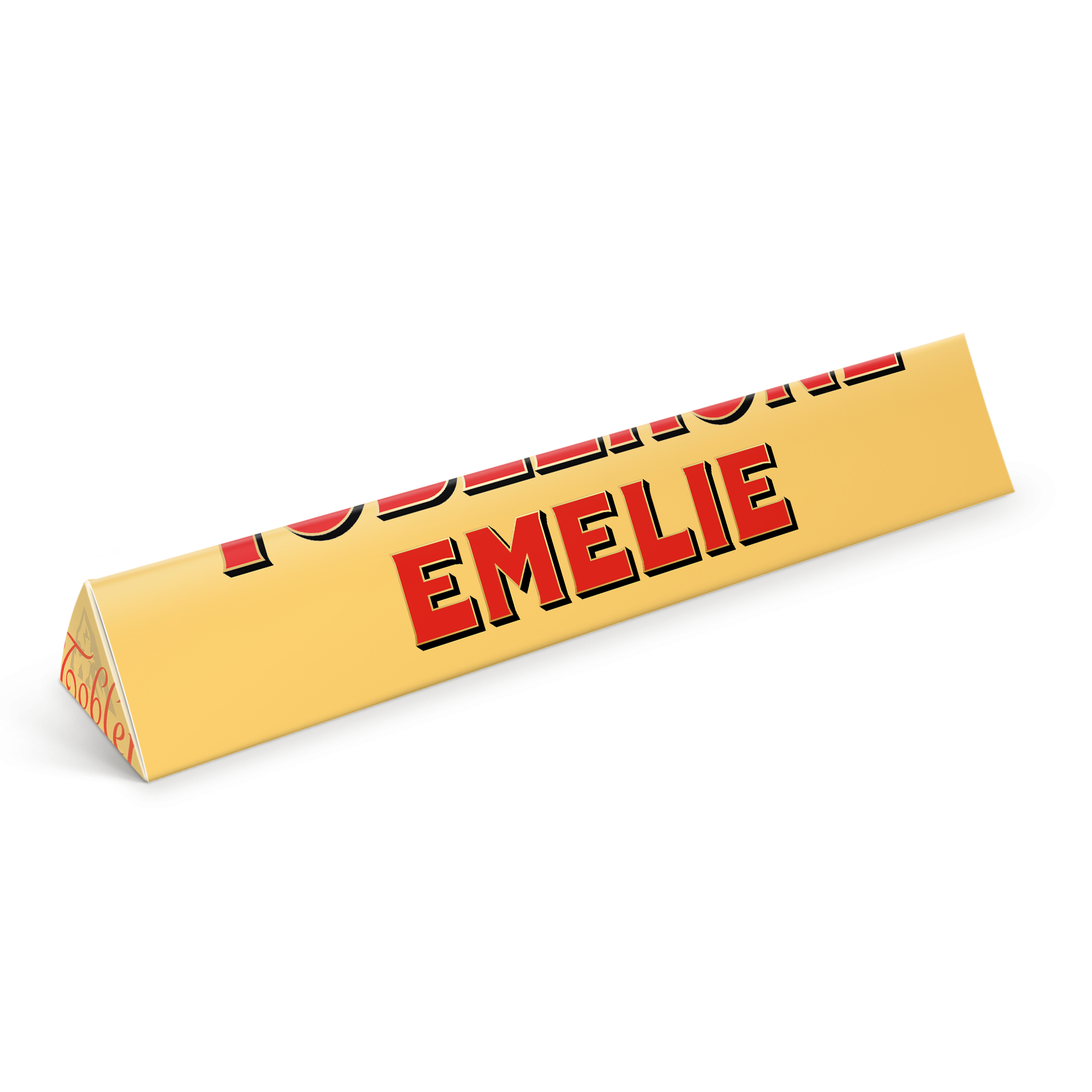En personlig Toblerone med namn och bild på förpackningen, med texten EMELIE i rött.