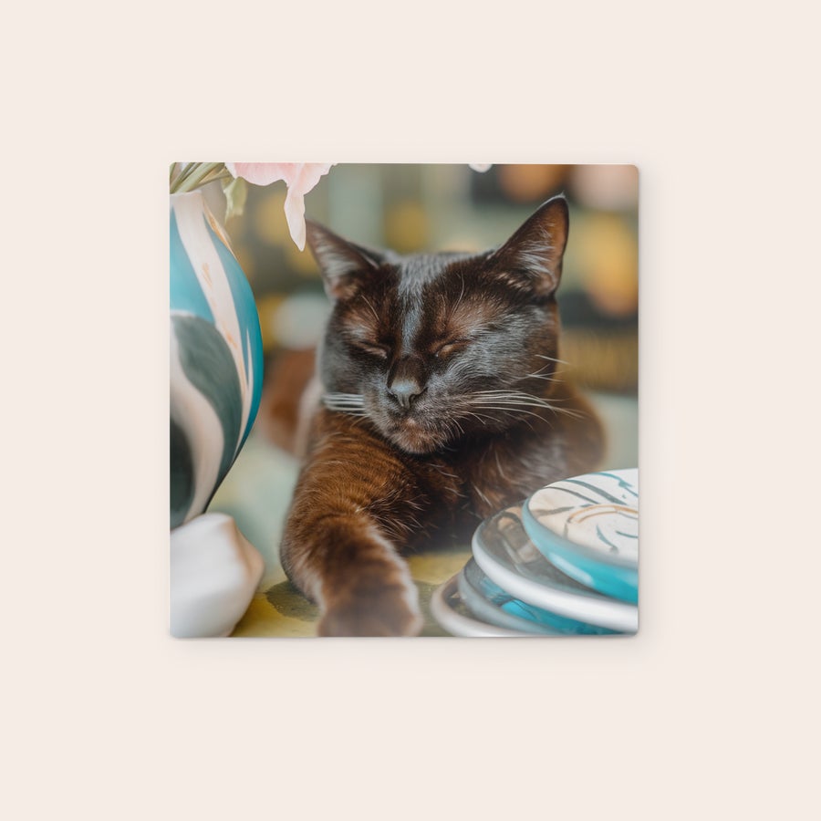 Personlig väggkonstpanel Väggkonstpanel i trä med ett tryckt foto av en sovande svart katt, perfekt för att dekorera din vägg med din design.