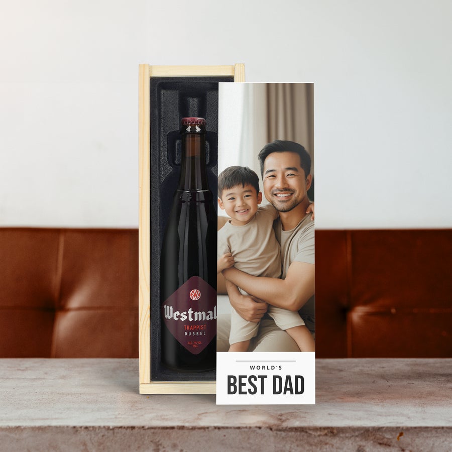Personalised Beer Gift Box - Westmalle Dubbel & Tripel Westmalle Dubbel beer in a personalized wooden case with a photo and "Worlds Best Dad" printed on it