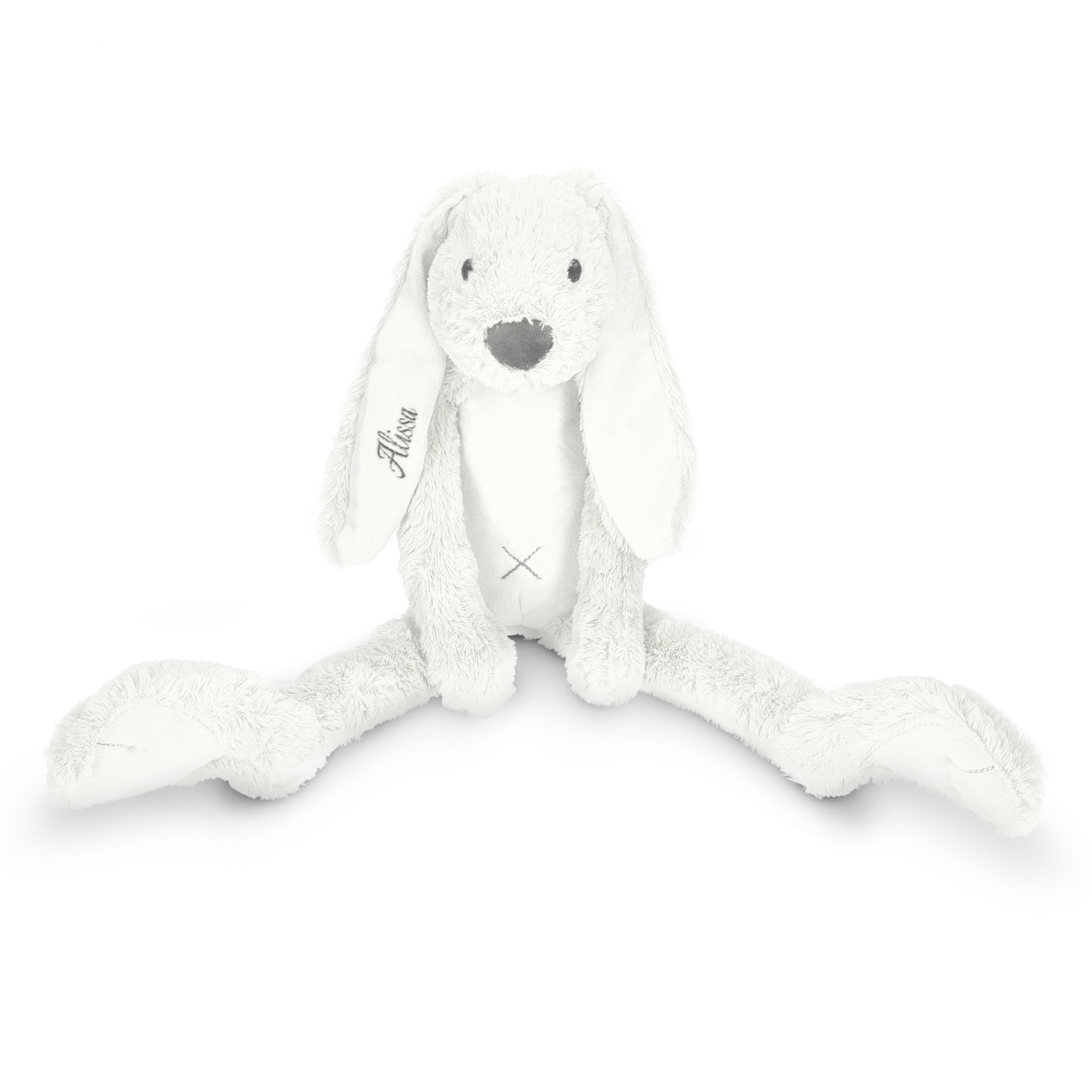 Doudou lapin tout doux gris clair personnalisé avec le prénom Alissa brodé sur l'oreille