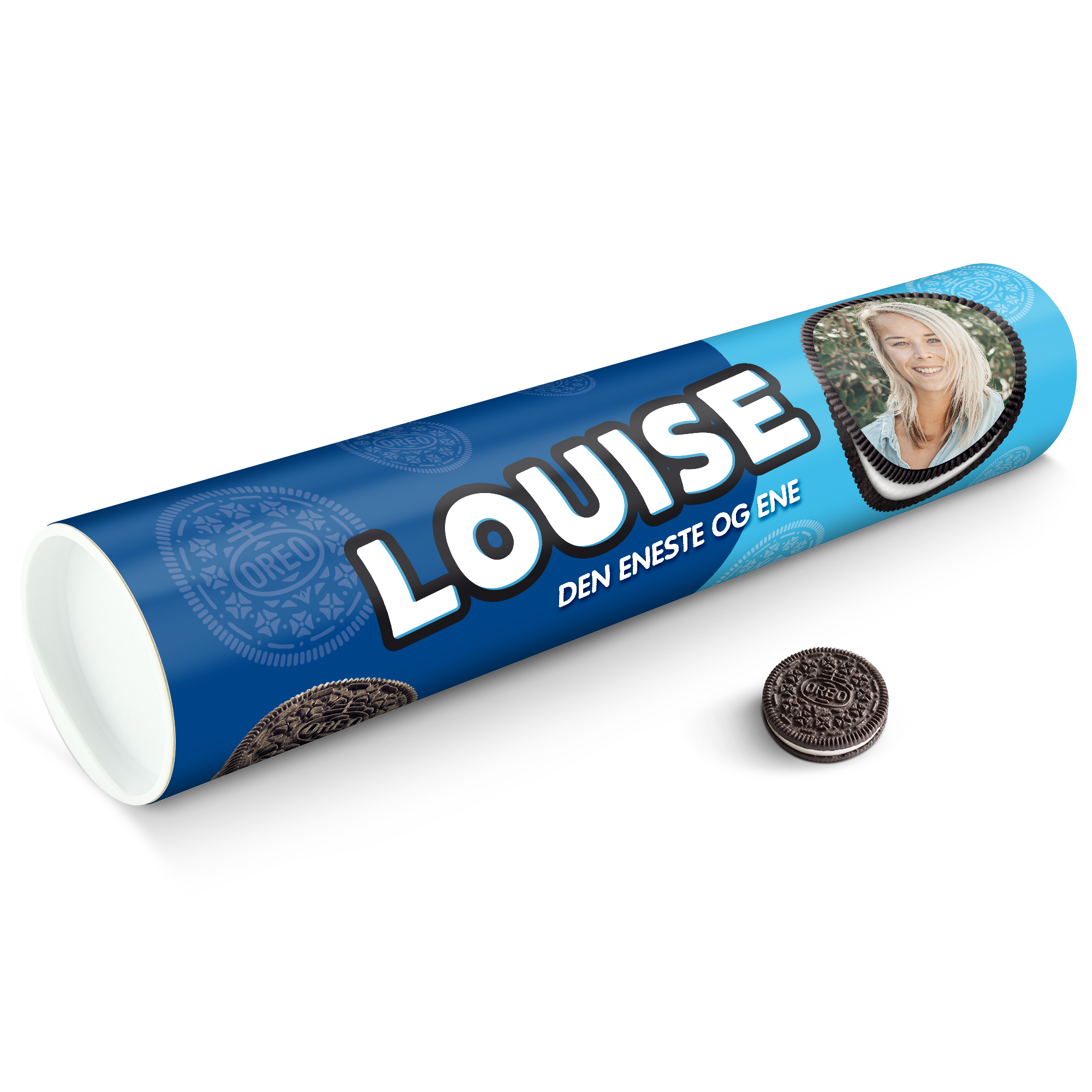 Mega Oreo Gaverulle i blåt design, med personaliseret billede, navnet LOUISE og teksten DEN ENESTE OG ENE.