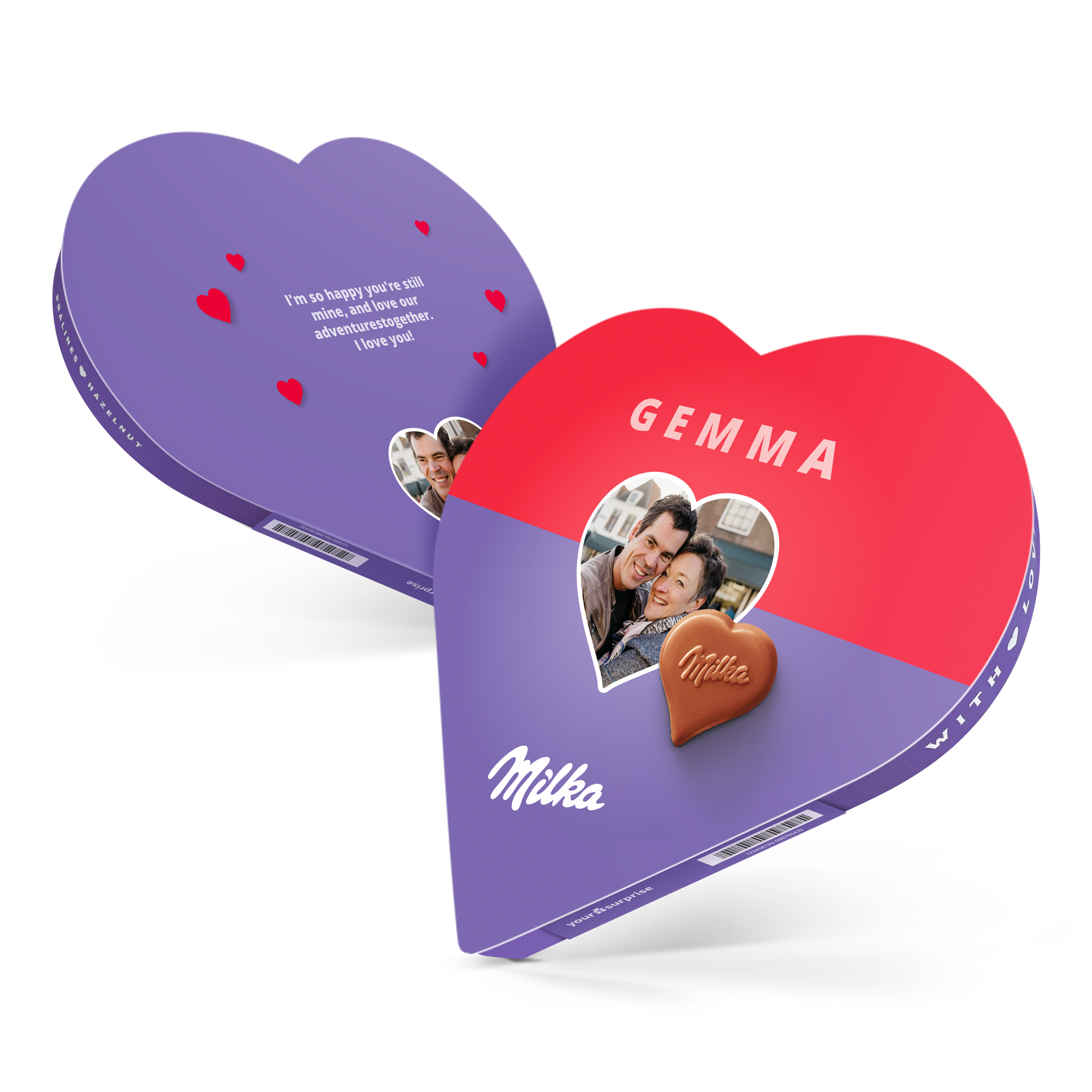 Et personlig Milka-hjerte med trykt bilde, navnet Gemma og teksten I love you