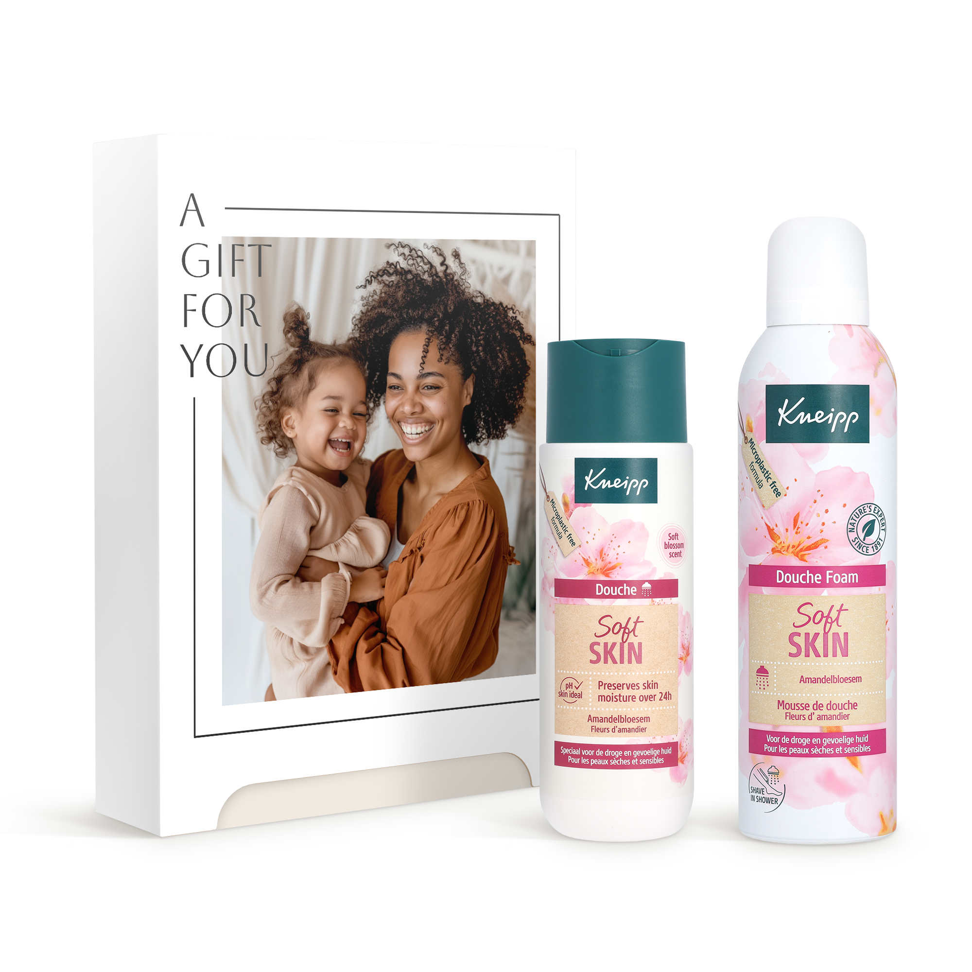 Set de regalo Kneipp Soft Skin personalizado con foto de madre e hija en la caja, espuma y gel de ducha.