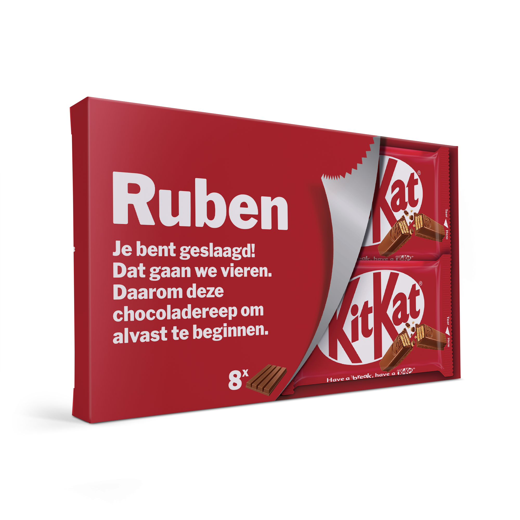 Rode KitKat giftbox met naam Ruben en tekst gepersonaliseerd, inclusief 8 KitKat repen.