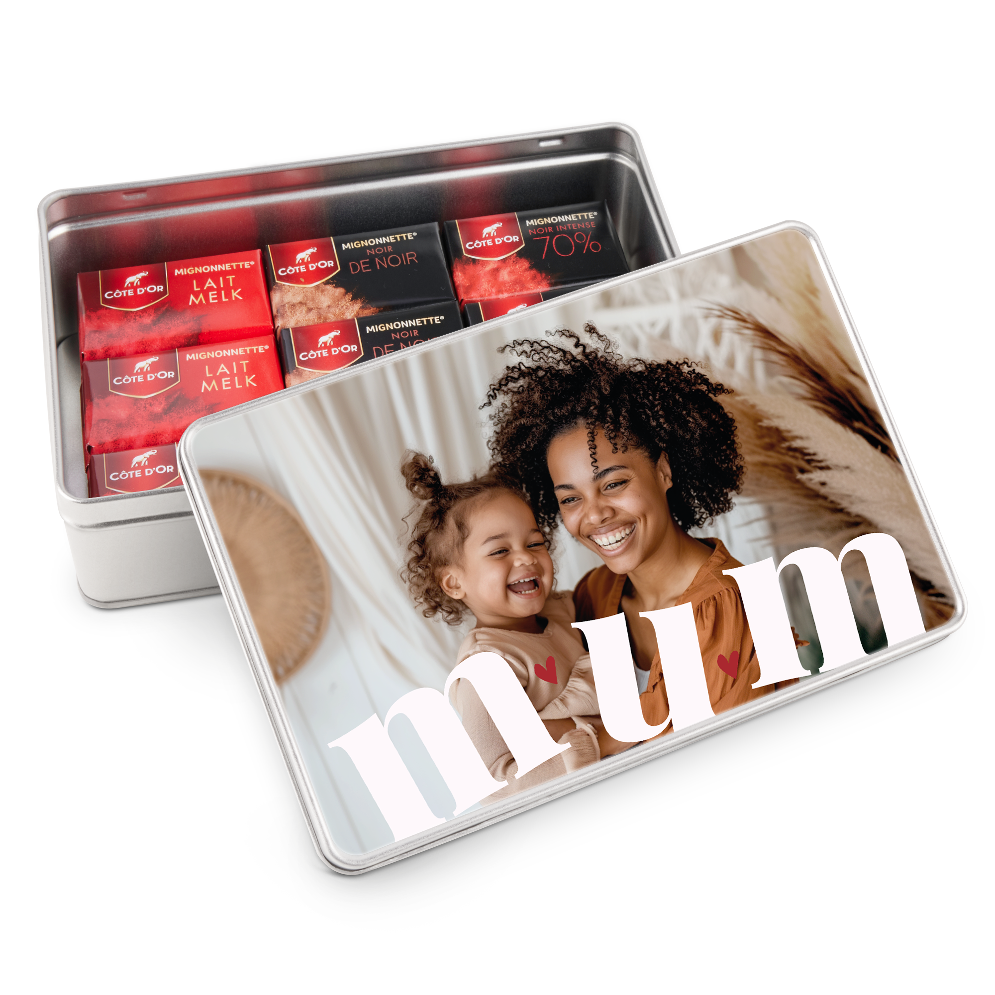 Personalised gift tin with Côte d'Or chocolates, printed with a photo of a mother and child and the text mum
