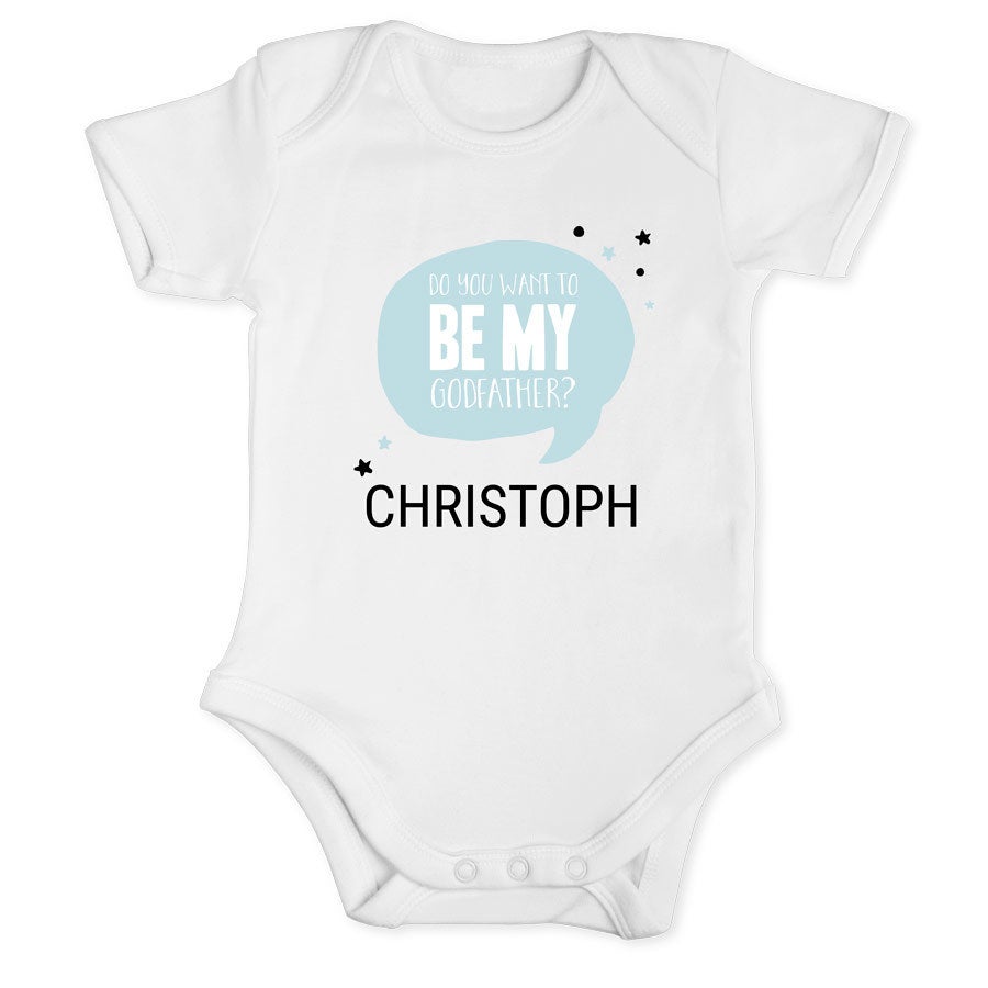 Sarai il mio padrino - onesie Tutina personalizzata bianca con stampa "DO YOU WANT TO BE MY GODFATHER?" e nome Christoph per chiedere al futuro padrino di tuo figlio