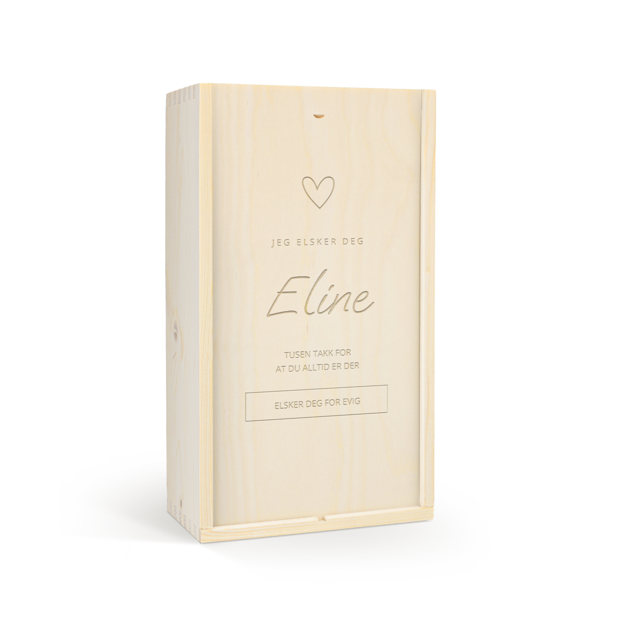 Luksusvinkasse i tre med et inngravert hjerte, navnet Eline og tekst «Jeg elsker deg».